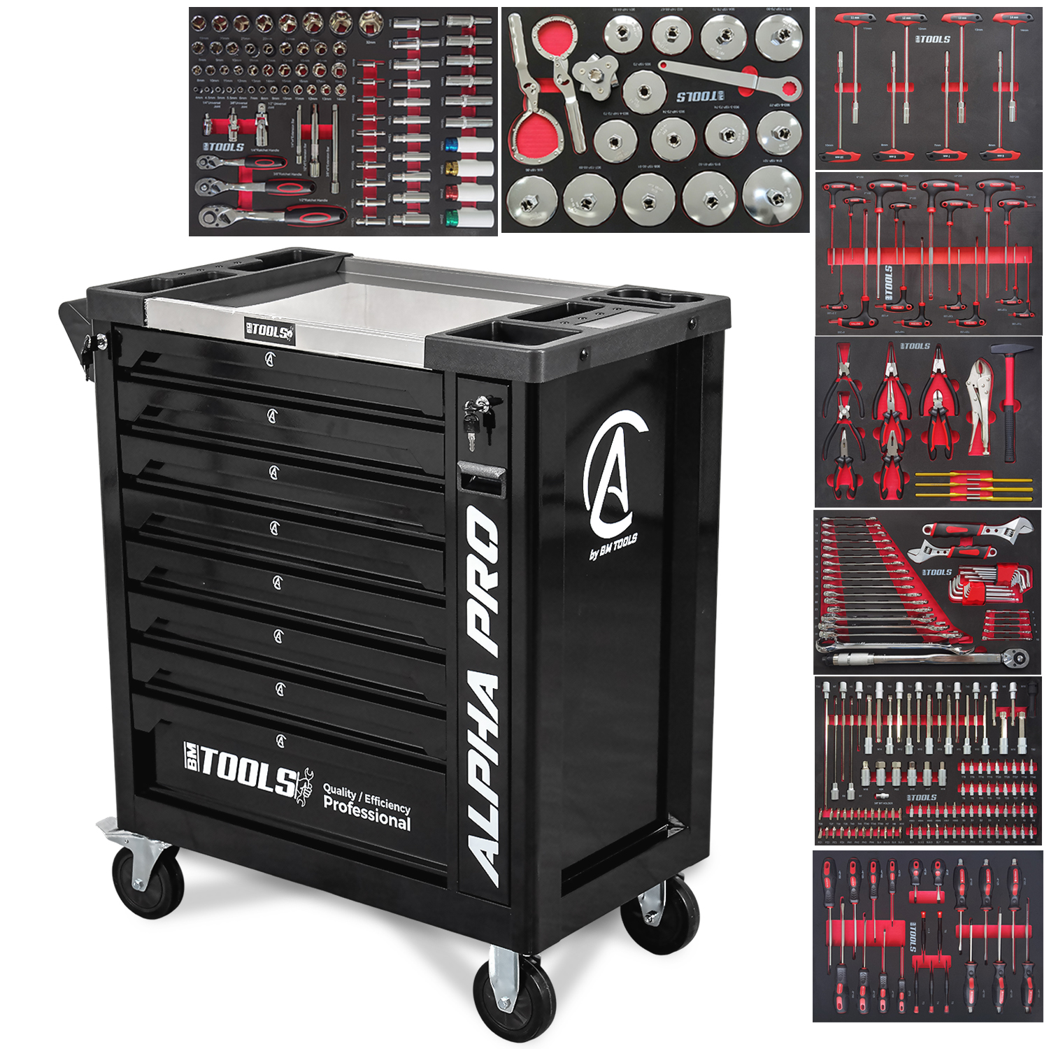 Servante d'atelier 9 tiroirs noire avec 311 outils, clés et cloches à filtres, 4 roues dont 2 freins