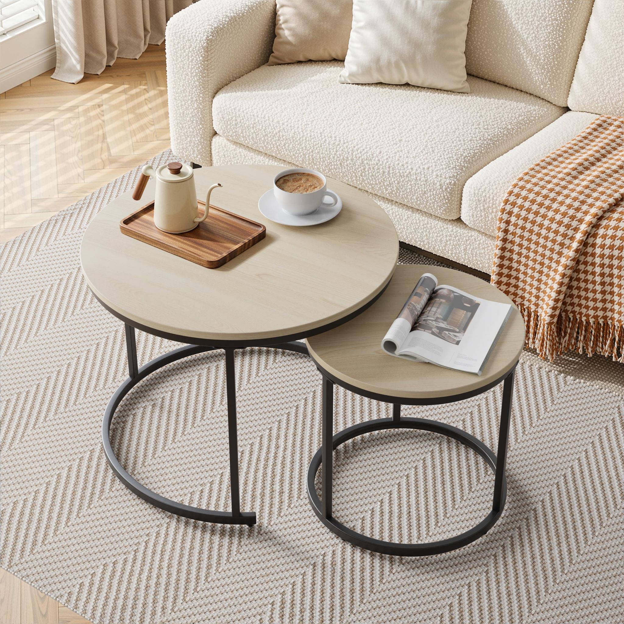 Table Basse Gigogne (lot De 2) Ronde Moderne Ø 60 Cm – Tables D'Appoint Emboîtables Couleur Chêne Et Structure En Métal Noir Pour Salon, Chambre Et Balcon