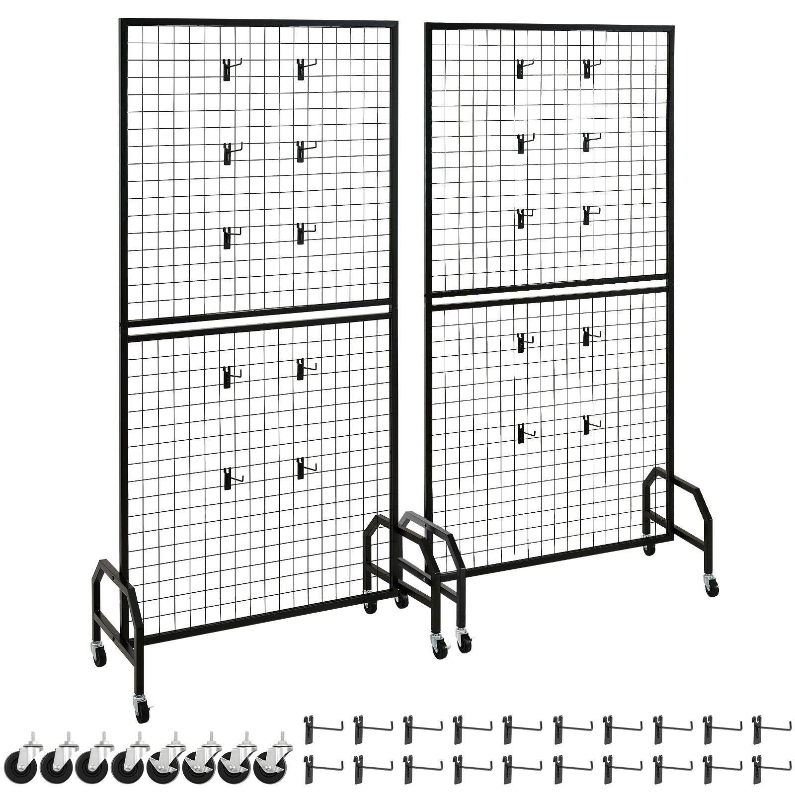 Panneau de grille mural mobile sur roulettes avec freins, acier carbone, 898x1798 mm, 10 crochets, lot de 2