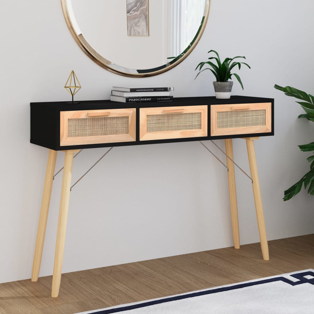 Table Console Noir 105x30x75 Cm Bois Massif Pin /rotin Naturel - Vidaxl