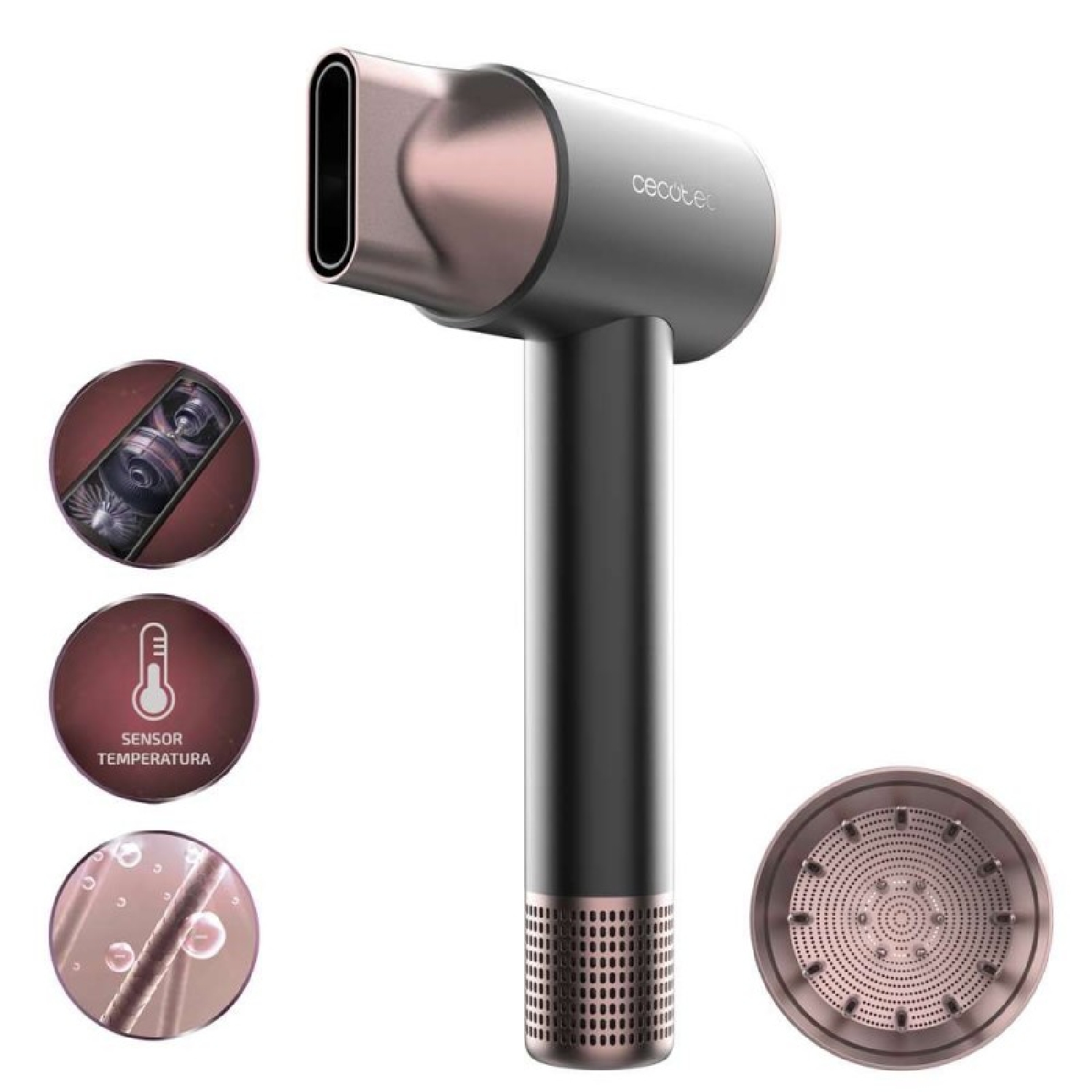 Cecotec Asciugacapelli Ionico Dryglam 2in1 Sensor Black. 1400 W, 110000 Rpm, Tecnologia Sensore Temperatura, Motore Brushless.