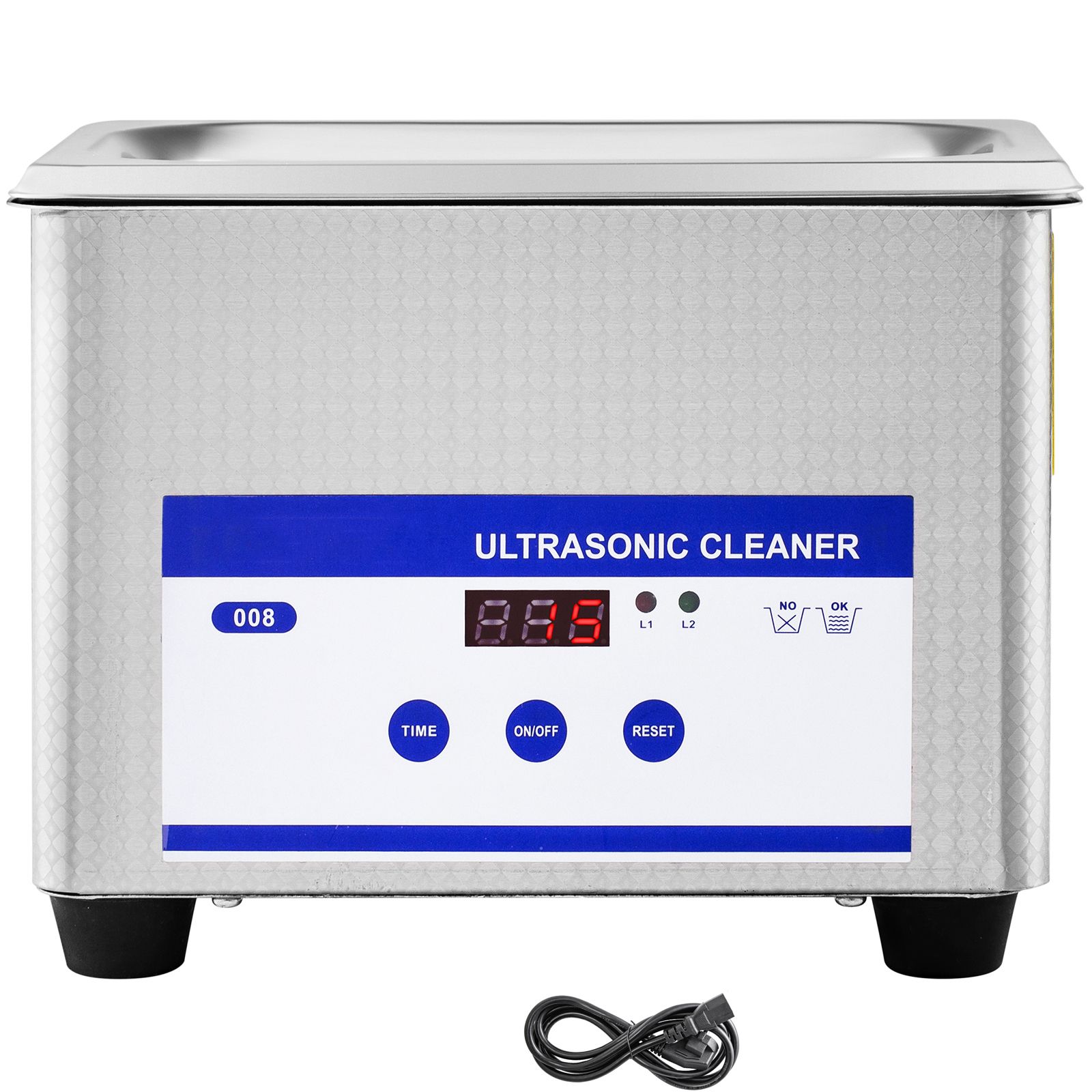 Nettoyeur ultrasonique à ultrasons 0,8 L en acier inoxydable, minuteur 0-15 min, avec chauffage, panier et couvercle