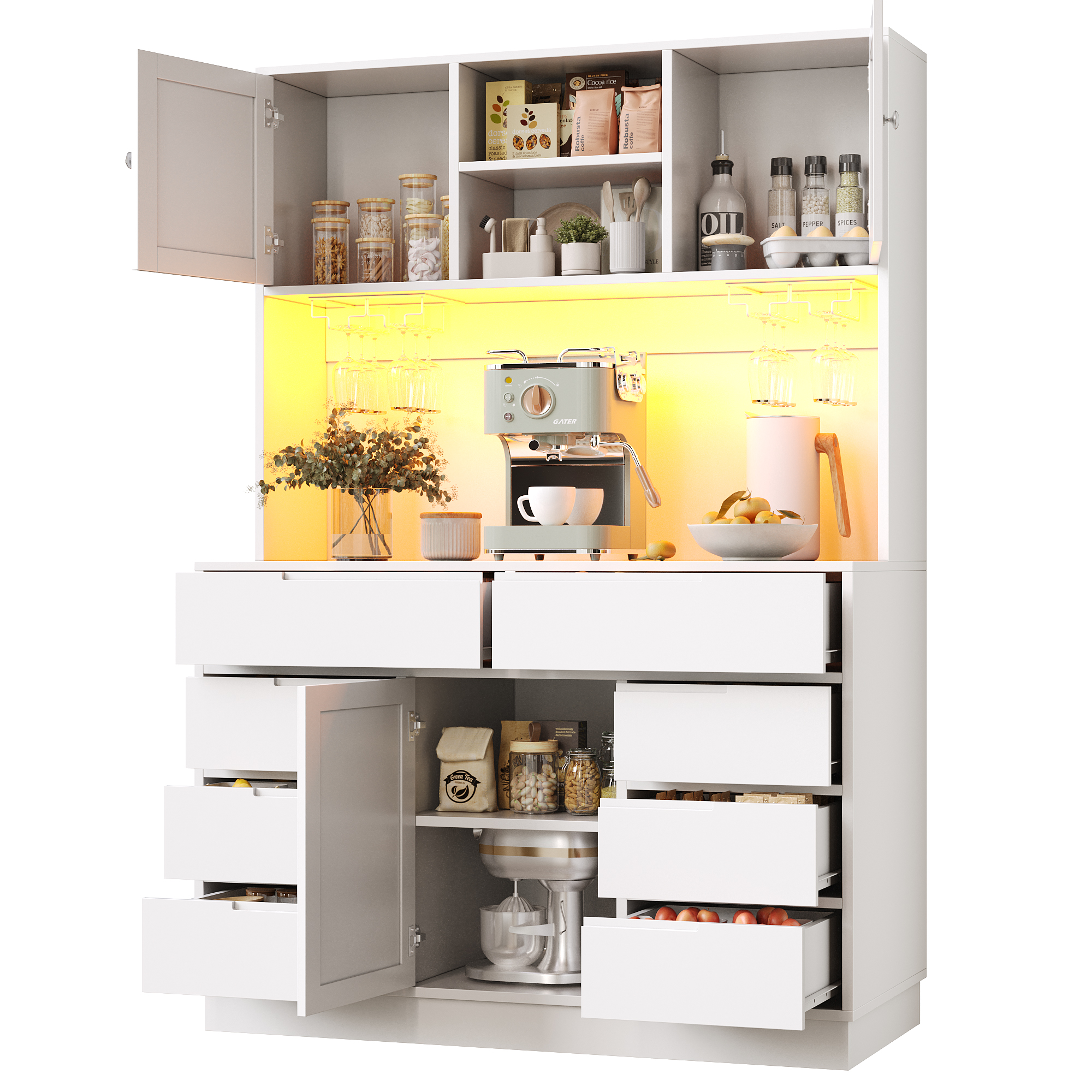 Stilvora Küchenhochschrank Mit 8 Schubladen, Verstellbaren Einlegeböden, Led Und Magnetverschluss, Aus Mdf, 120x40x183.5 Cm, Weiß