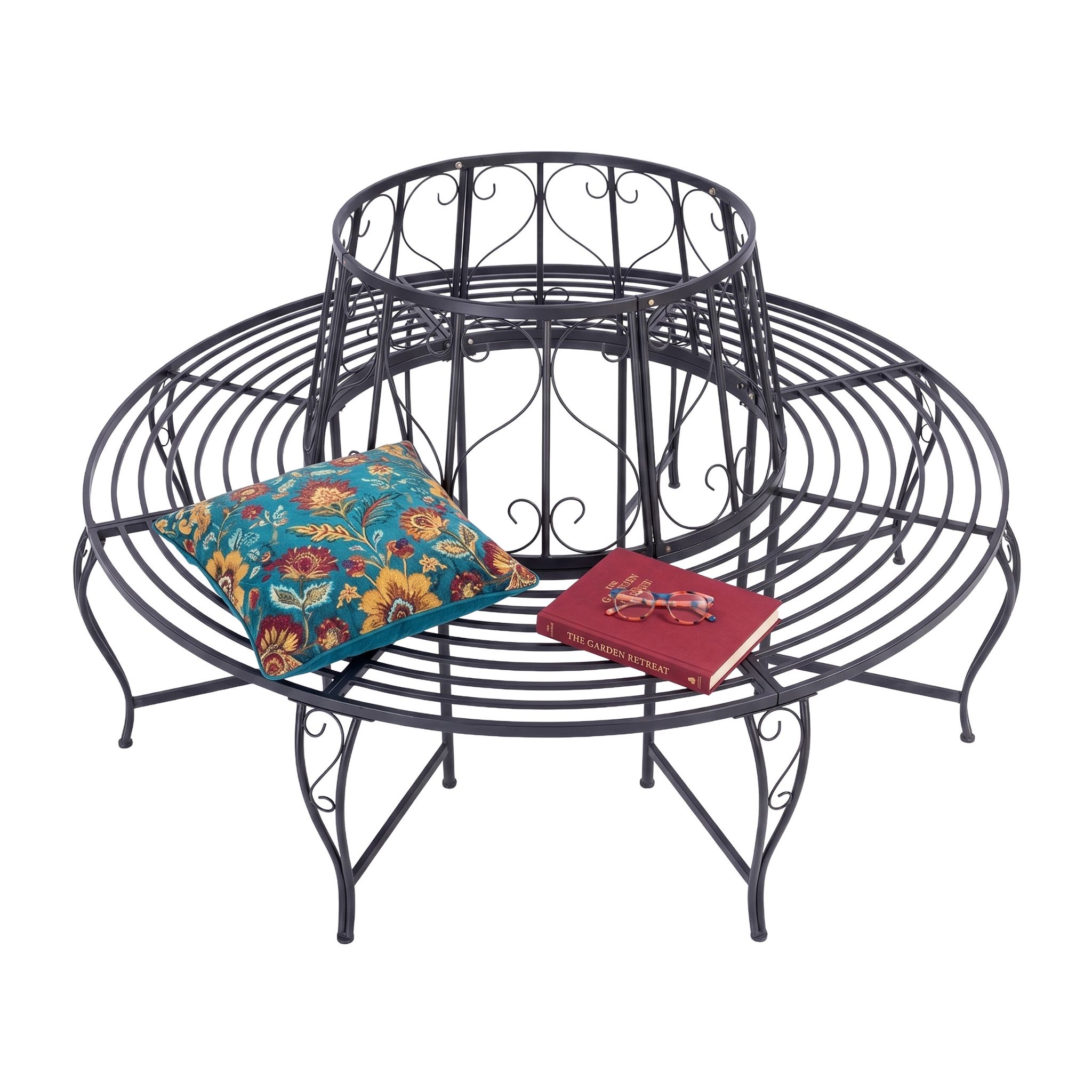 Relaxdays Baumbank, 360° Sitzplatz, Vintage-design, H X D, 85 X 160 Cm, Traglast 600 Kg, Stahl, Gartenbank, Schwarz