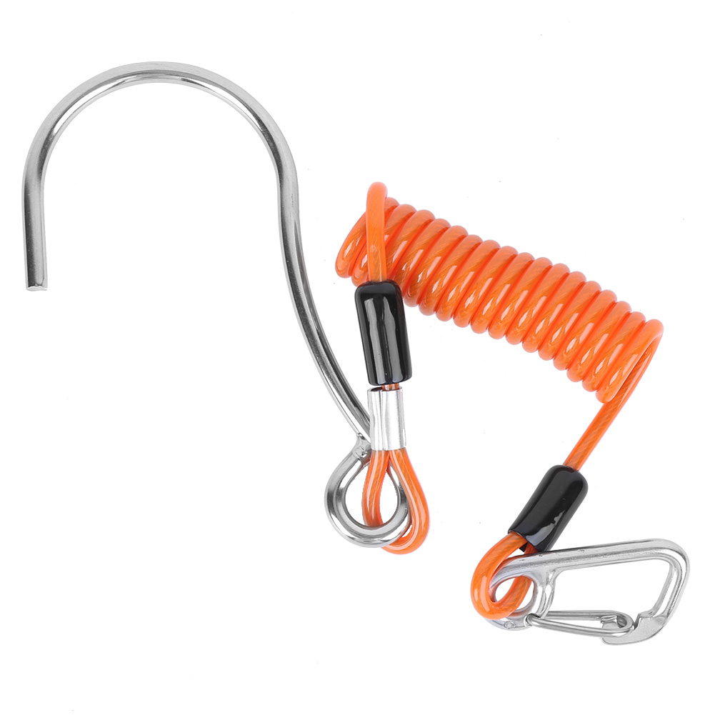 Crochet de plongée dérivante en acier inoxydable marine grade 316, corde à ressort anti-perte 1,3 m, orange