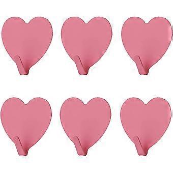 Crochets muraux décoratifs en forme de cœur, acier inoxydable, adhésif puissant, rose, lot de 6
