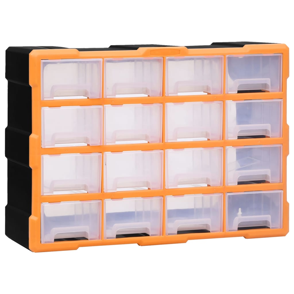 Organisateur d'outils 16 tiroirs en polypropylène, transparents, 52 x 16 x 37 cm, orange et noir