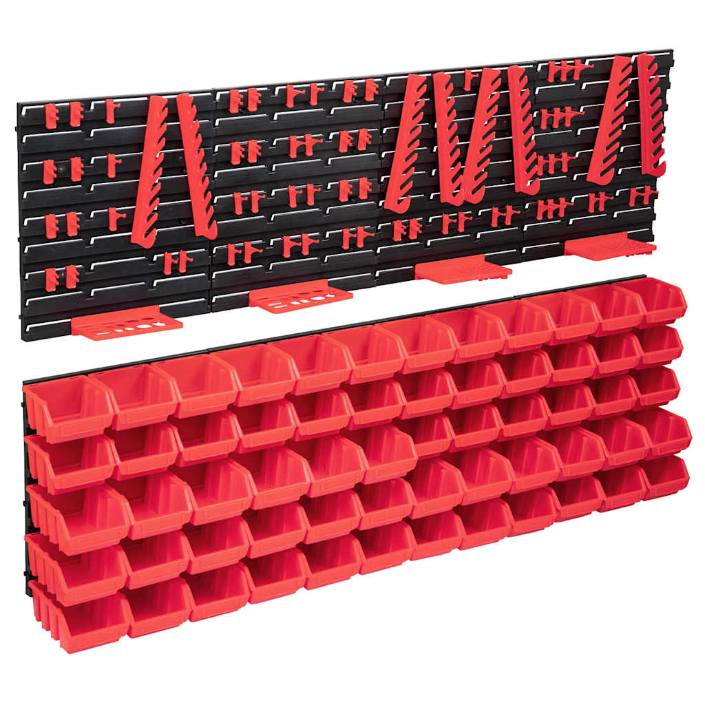 Kit de rangement mural pour garage, 136 pièces en plastique rouge et noir, bacs empilables amovibles, 8 panneaux muraux