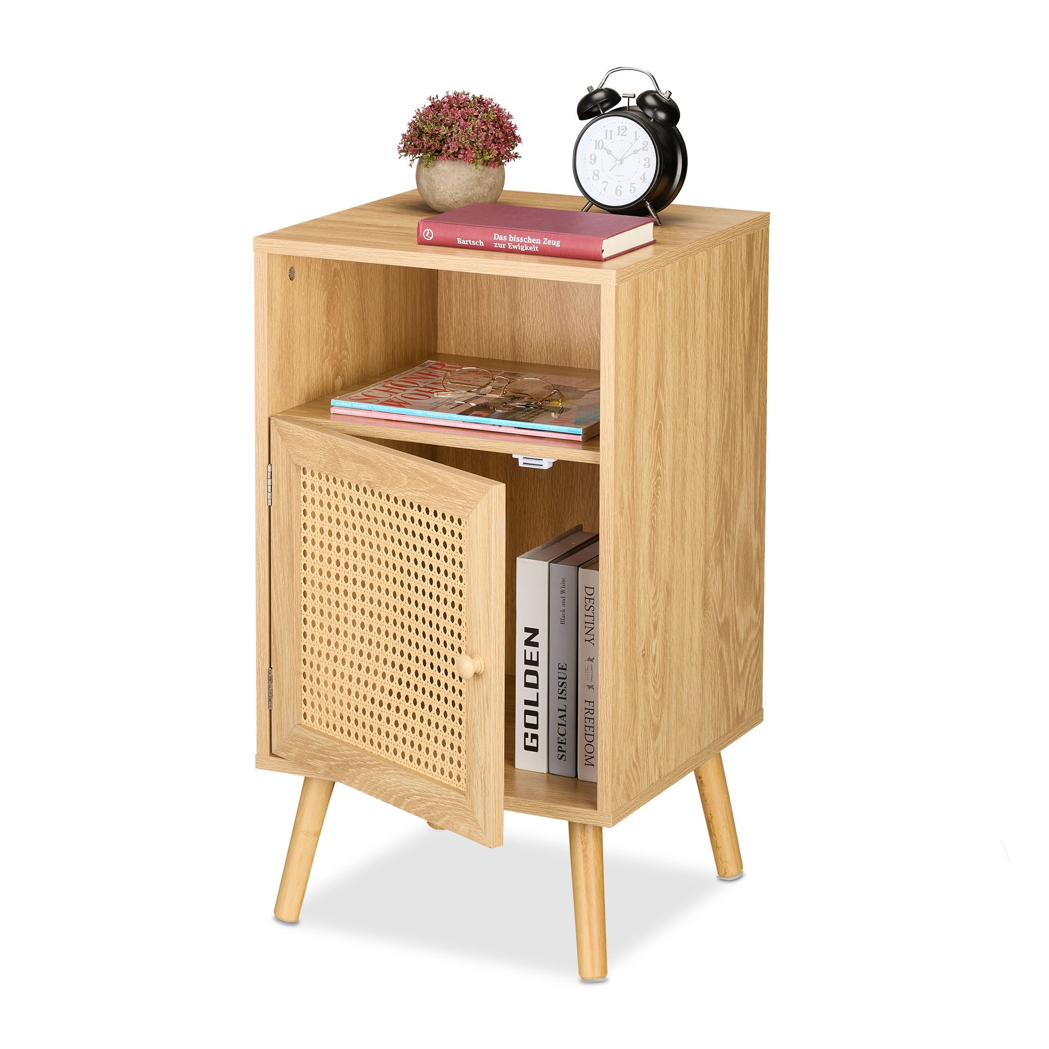 Relaxdays 2 X Bedside Tables, Rattan Door, Wood Effect, Hxwxd, 72 X 40 X 39 Cm, Open Shelf, Bedroom, Nightstands, Natural