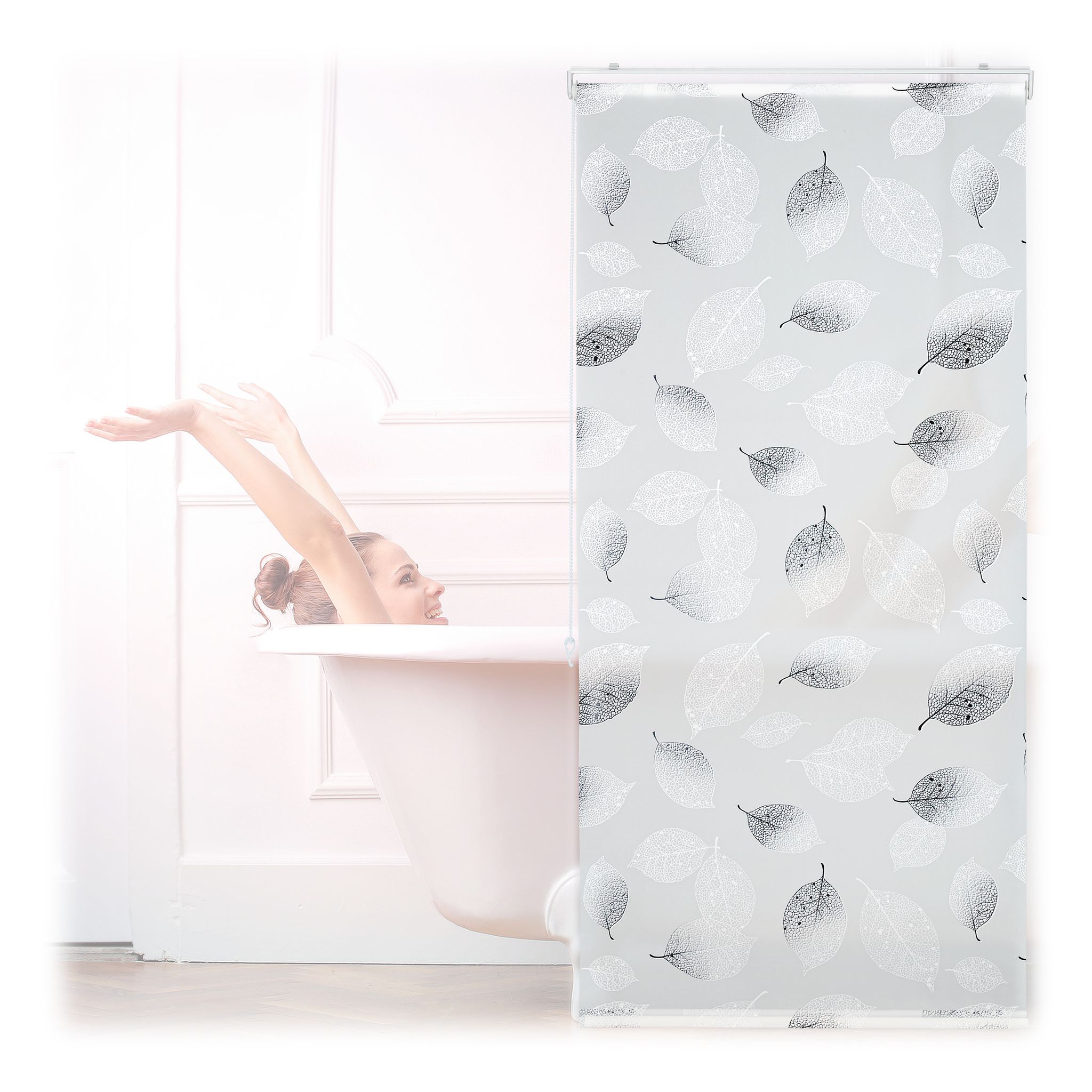 Relaxdays Tenda Doccia 80 X 240 Cm, Motivo A Foglie, Con Chiusura A Corda, Montaggio Flessibile, Per Vasca, Bianco/nero