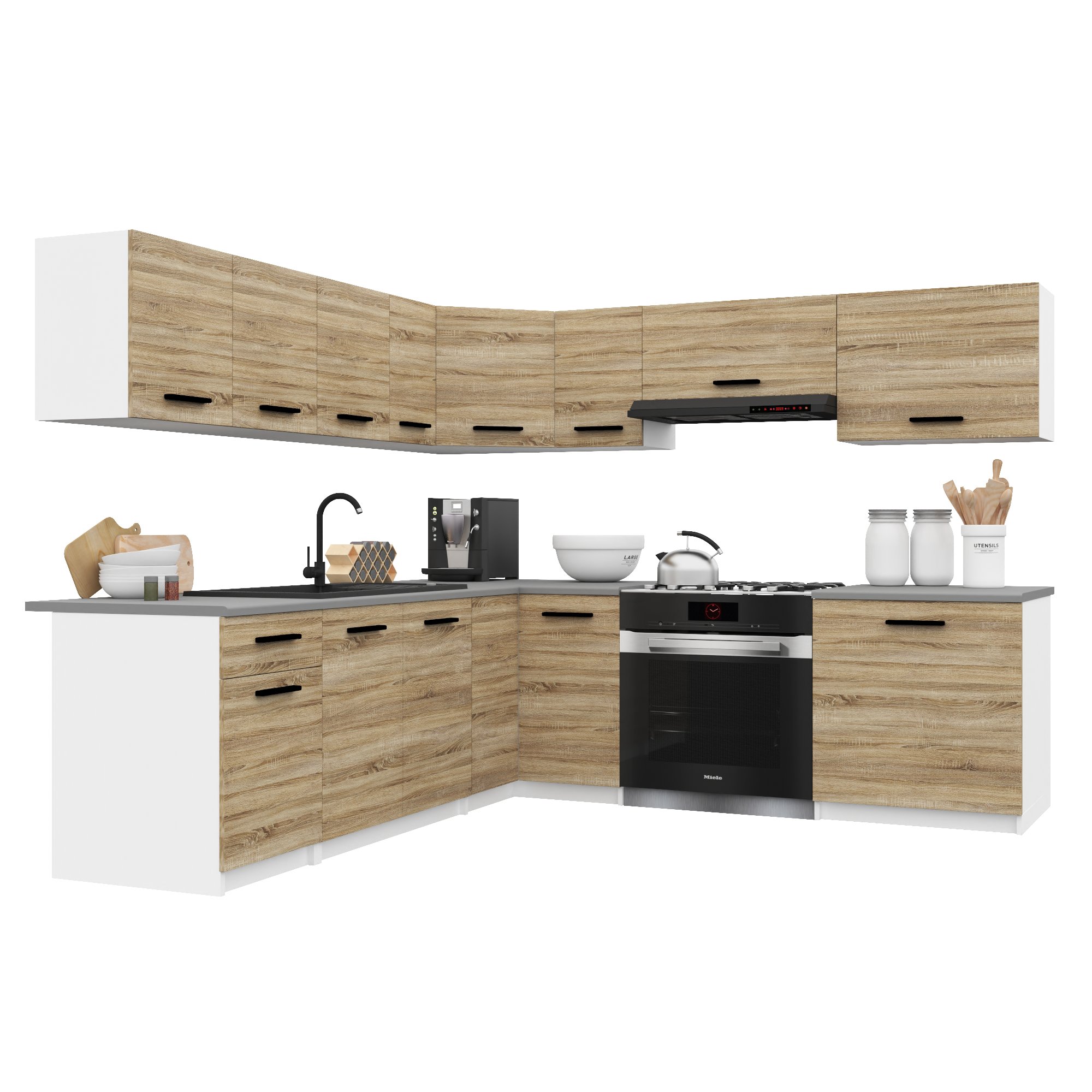 Belini Italia 7 Cuisine Equipée Modulaire Complète - 420 Cm. Meubles Hauts Bas Avec Plan De Travail, Chêne Sonoma