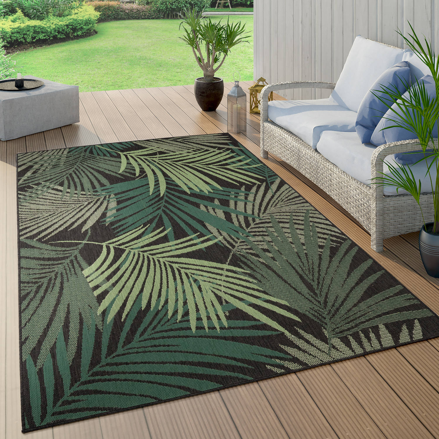 Paco Home Tapis Exterieur Terrasse Salon Cuisine Palmiers Jungle Fleuri Motif Boho Vert 200x290 Cm, Noir