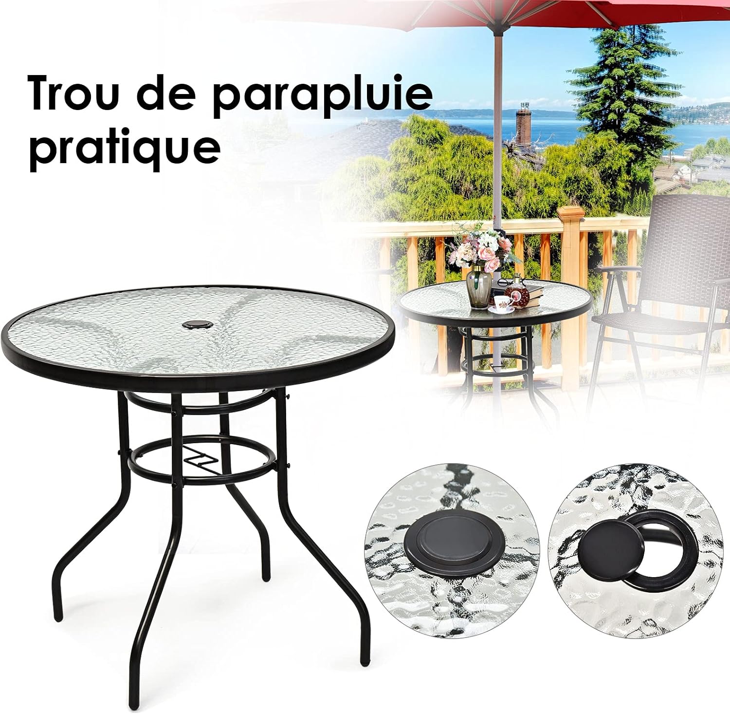 Goplus - Table De Jardin Ronde D80xh71cm-plateau En Verre Trempé À Eau