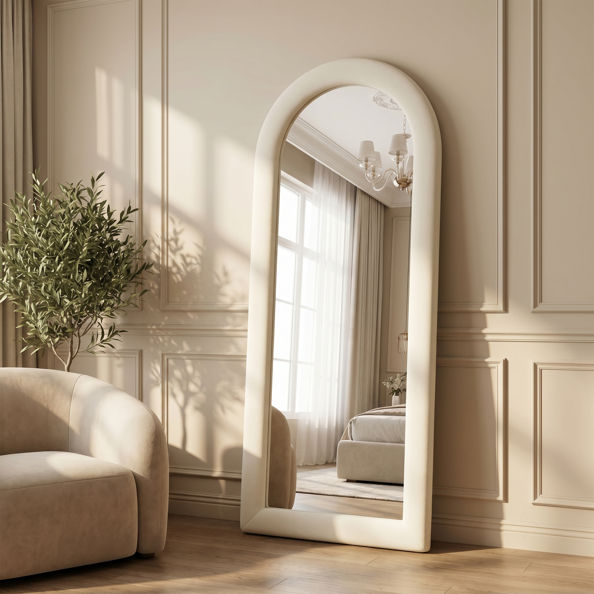 Koonmi Miroir Pleine Longueur, Cadre Floqué Et Capitonné - Angle Droit Arqué - Sur Pied Ou Mural - 80 X 180 Cm - Blanc