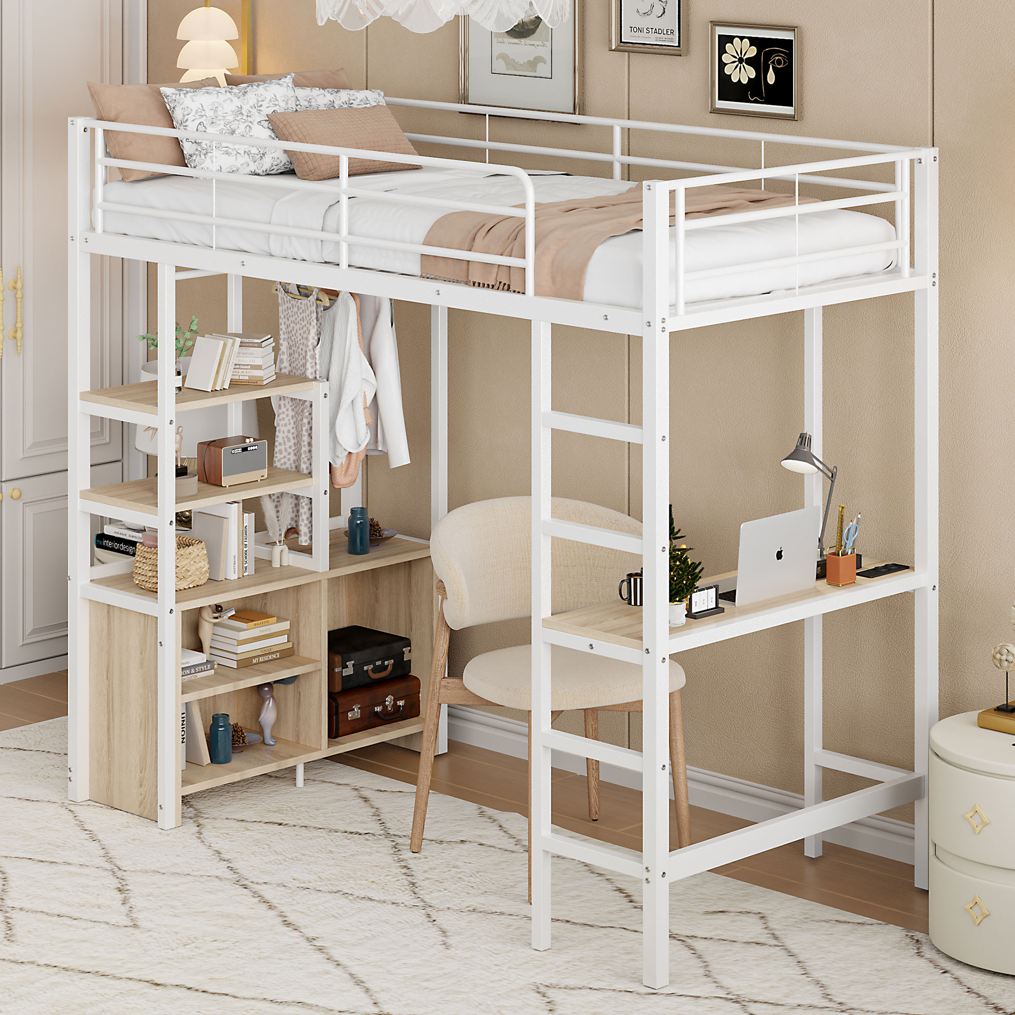 Stilvora Hochbett 90 X 200 Cm Mit Schreibtisch, Usb-steckdose, Regalen Und Offenem Stauraum, Ohne Matratze, Aus Metall, Weiß