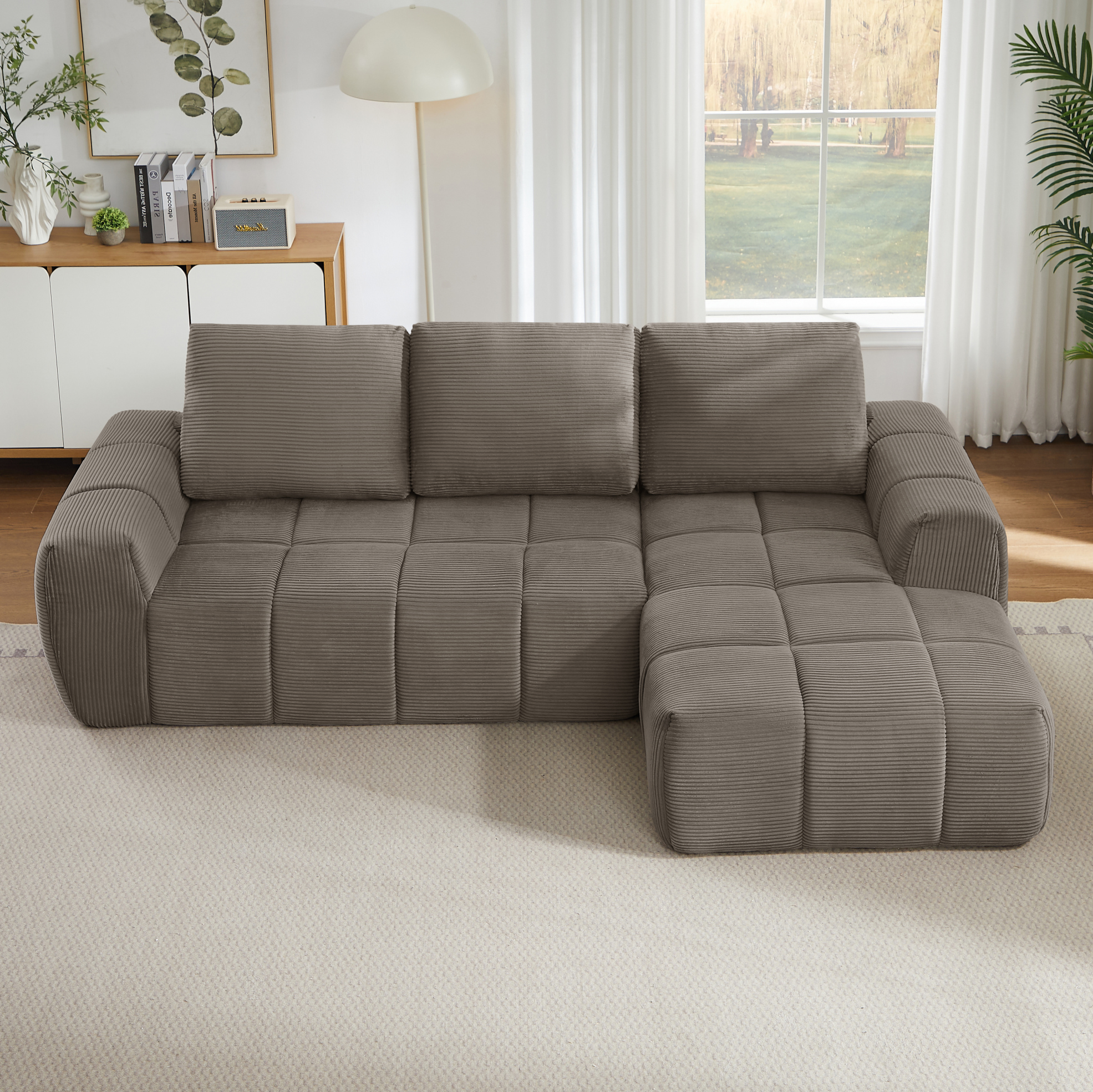 Okwish Komprimiertes L-förmiges Ecksofa Mit Abnehmbaren Kissen, Ohne Montage, In Cordvelours Grau