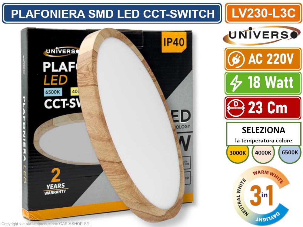 Universo Lv 230 l3c Plafoniera Ultra Slim Rotonda Effetto Legno Smd...