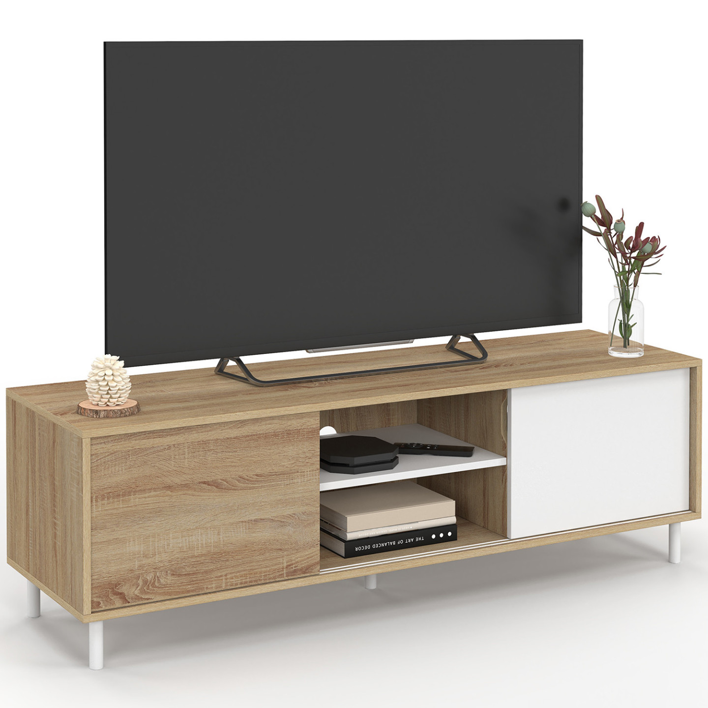 Idmarket – Meuble Tv 140 Cm – 2 Portes Coulissantes Réversibles Bois Et Blanc – Montage Sans Outils – 3 Étagères – Idéal Pour Écran 55 Pouces