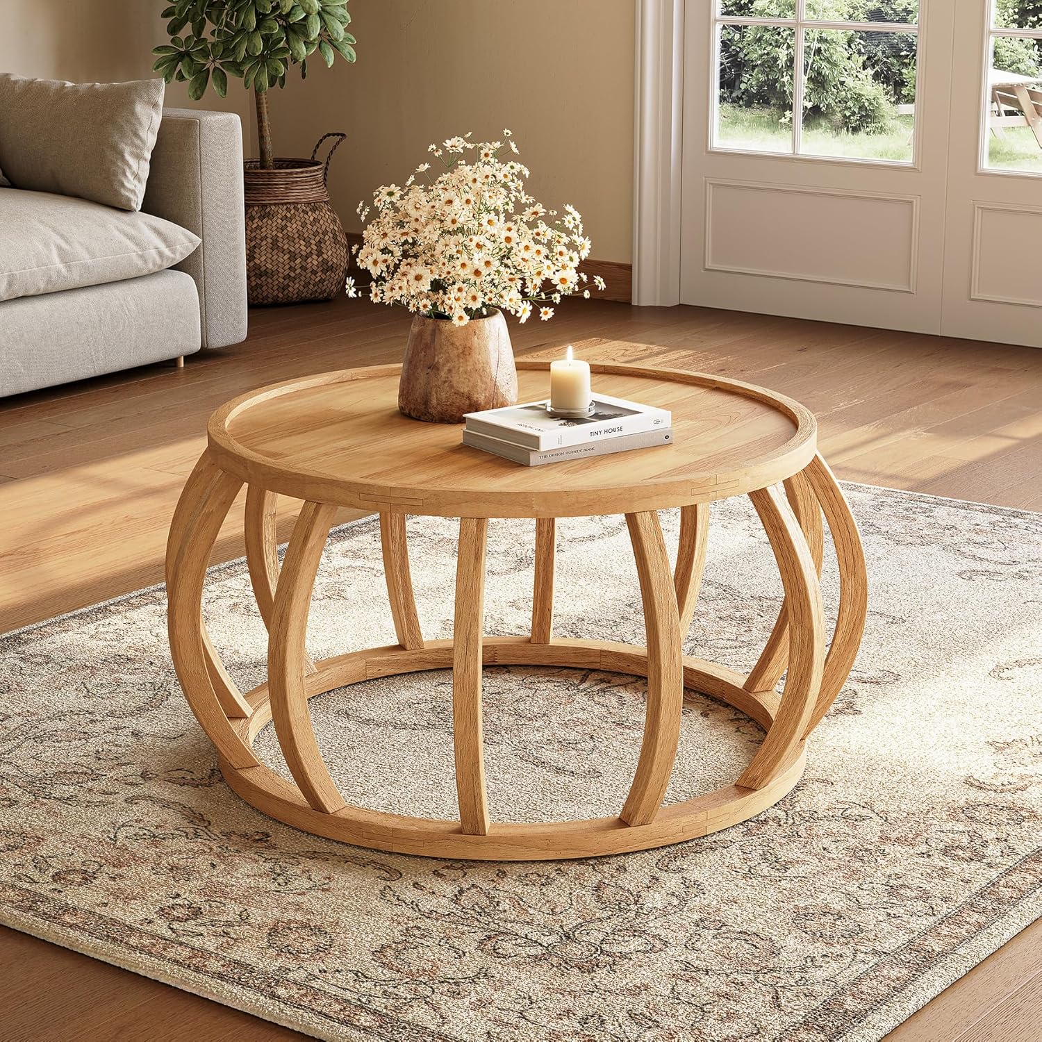 Tribesigns – Table Basse Ronde En Bois Massif 80 Cm – Piètement Incurvé
