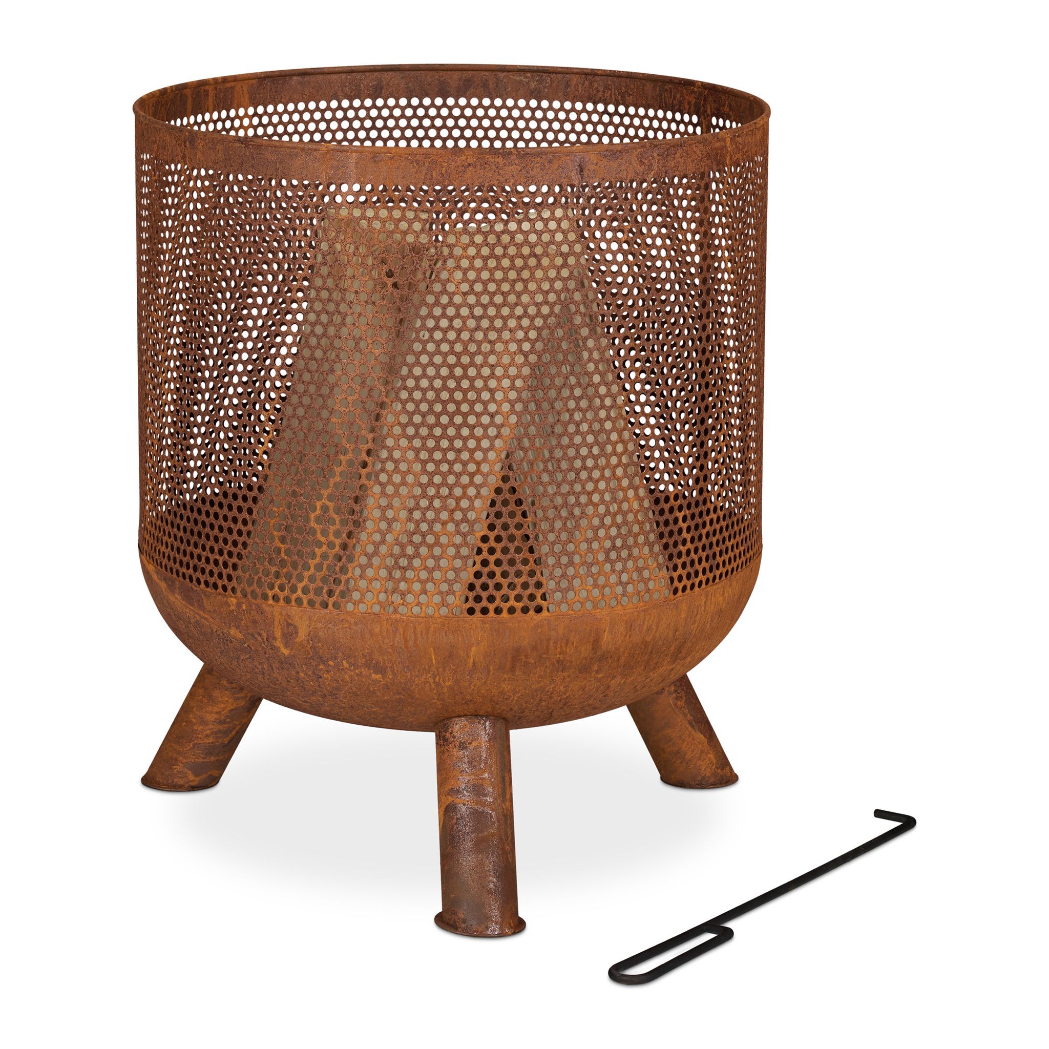 Relaxdays - Braciere Da Esterno, Grata Stile Ruggine, Camino Da Giardino, Attizzatoio E Griglia, Hxd: 53 X 44 Cm, Marrone