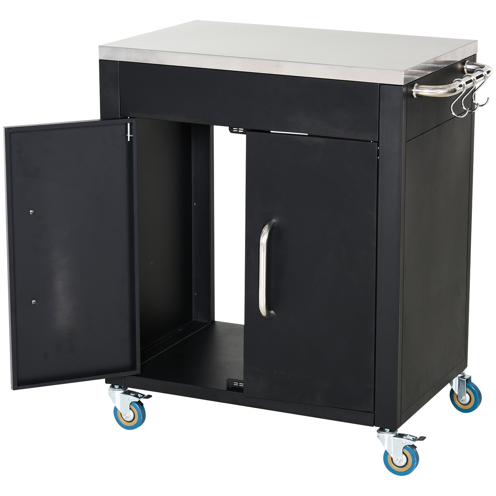 Küchenwagen Mit Rollen, Servierwagen, Rollwagen Mit Schrank, Haken Und Edelstahlgriffe, Küchenhilfe, Bbq Grilltisch Aus Edelstahl Küchentrolley, 86 X 50 X 86,5 Cm Schwarz - Homcom