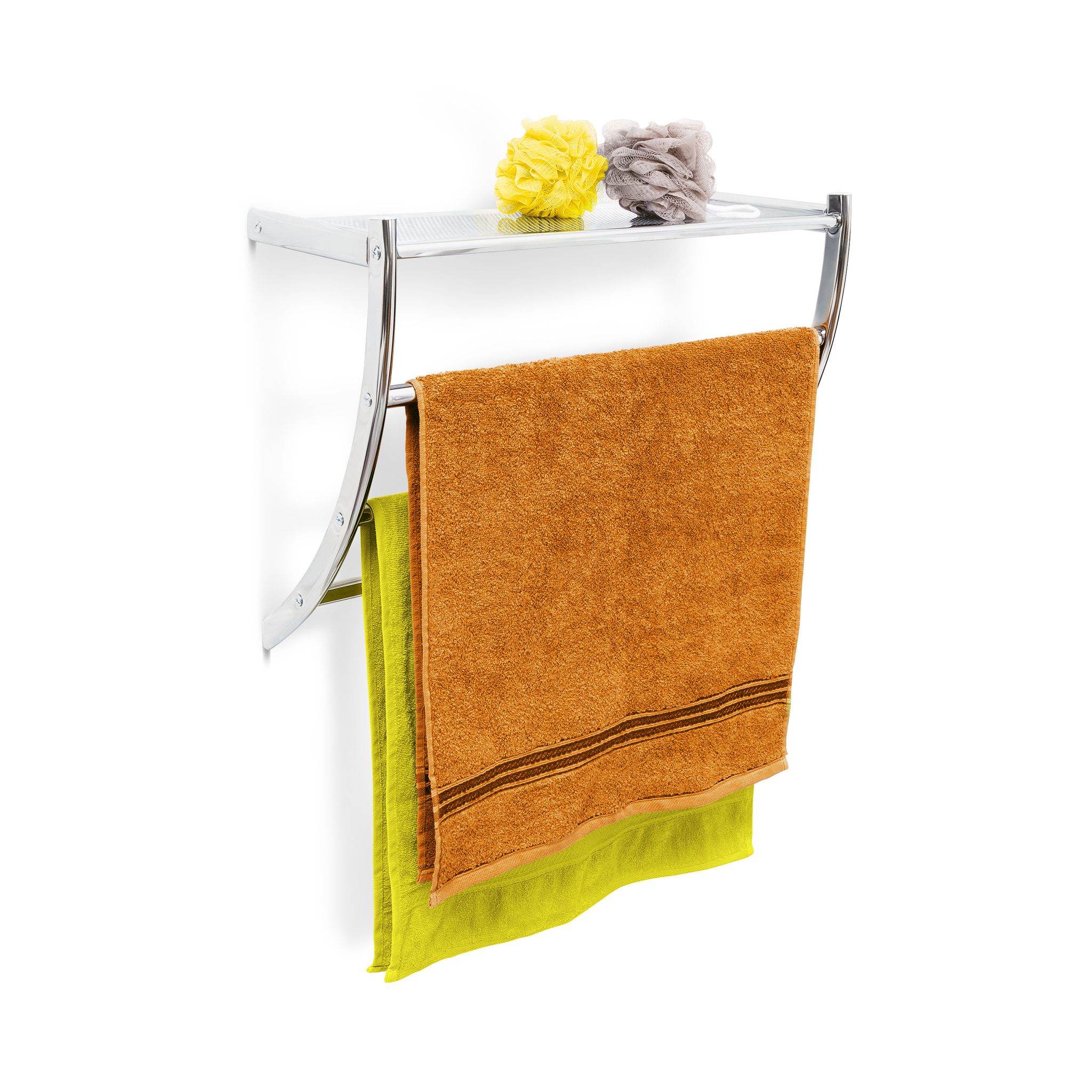Mensola Portasciugamani, Da Muro, In Acciaio Cromato, 3 Aste E Ripiano, Da Bagno, Hlp: 43x56x23 Cm, Argentato - Relaxdays
