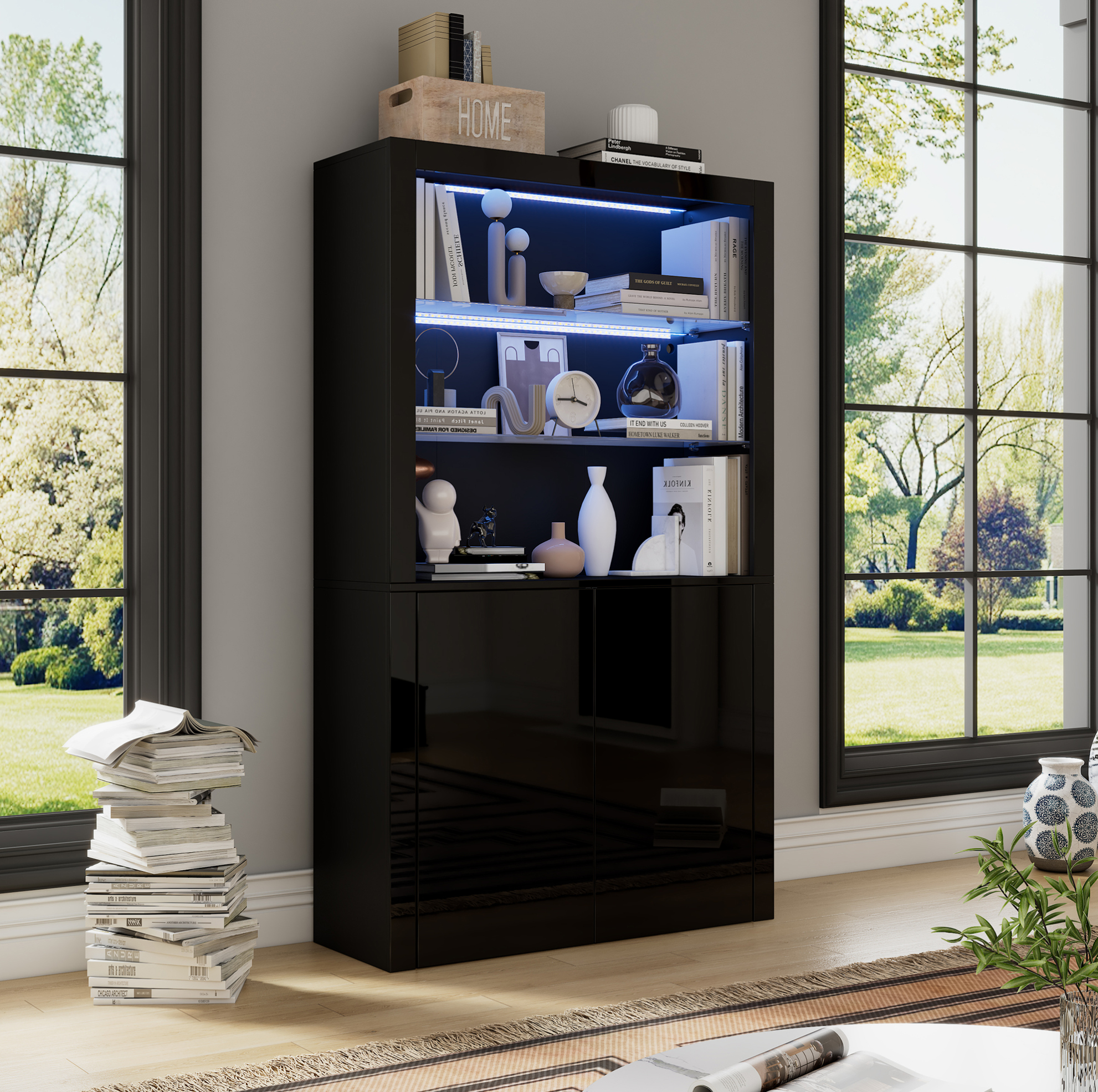 Covreo Vitrine 100x35x170 Cm Schwarz Mdf Und Glas Mit Hochglanzfront Und Led-beleuchtung