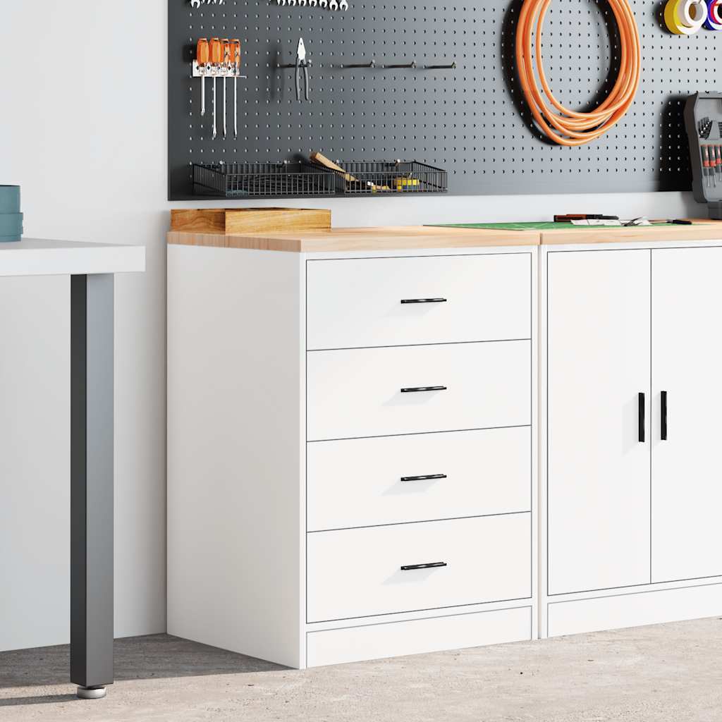 Armoire d'atelier avec 4 tiroirs et plan de travail en bois de pin, 60x51x85 cm, blanc