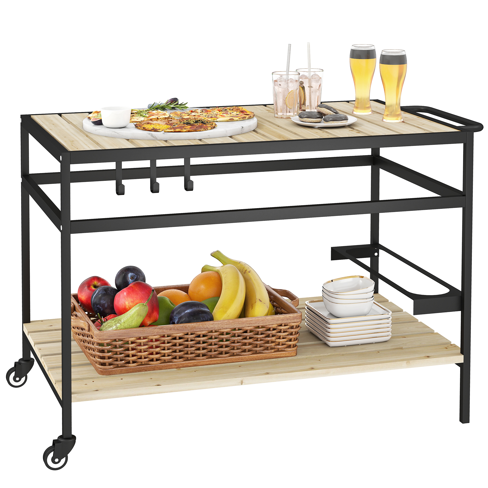 Servierwagen, Barbecue Trolley Mit 2 Regalen, Gartenrollwagen Mit Haken, Outdoor Multifunktionstisch Mit Rollen, Für Garten, Balkon, Natur, 107 X 65 X 80cm - Outsunny