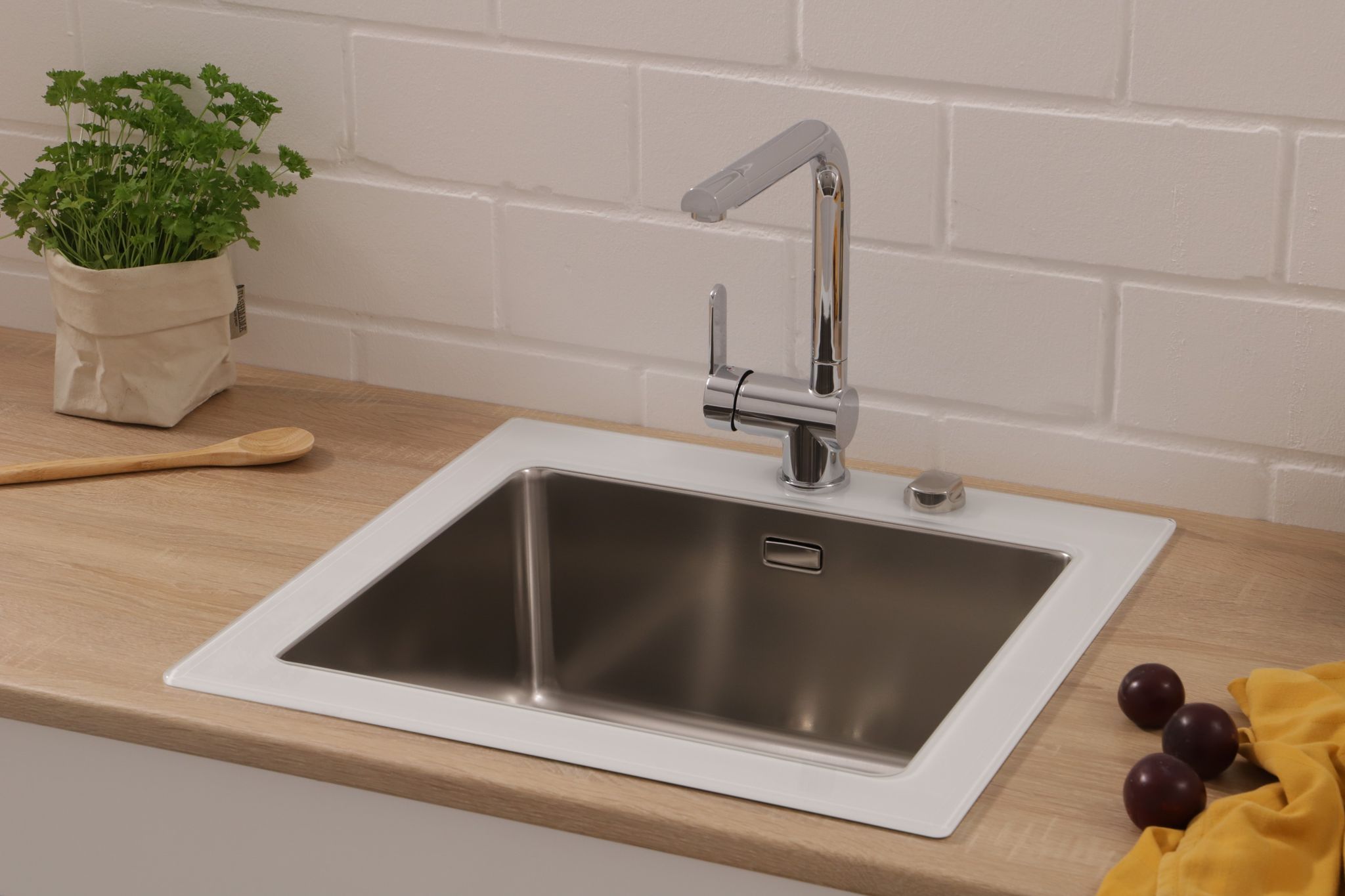 Respekta - Lavello Da Cucina Lavello Da Incasso In Vetro Lavello In Acciaio Inox 55 X 53 Bianco New York