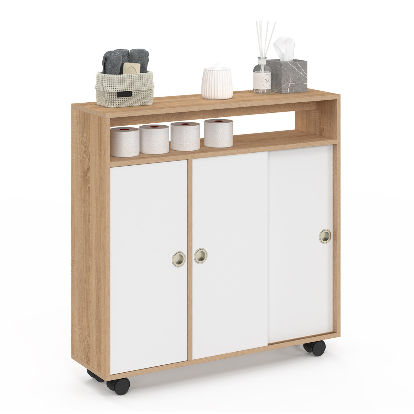 Idmarket – Armoire D'Appoint Meuble De Rangement Salle De Bain – 3 Portes Coulissantes – Compact 70x20x70 Cm – Avec 4 Roulettes Pivotantes