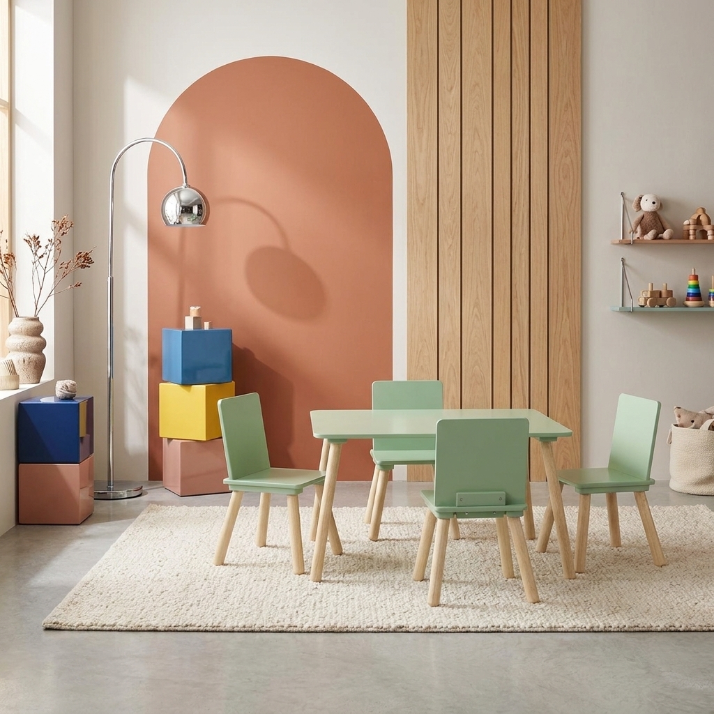 Table Rectangulaire Enfant Bois De Pin 4 Assises Vert - Judith