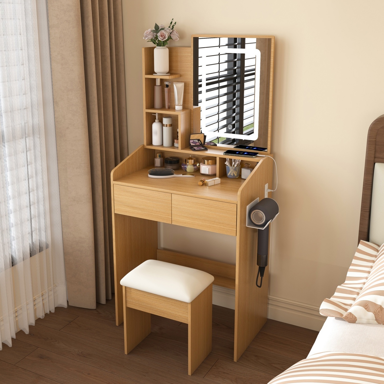 Coiffeuse Chambre 60x36x130cm Avec Miroir Et Tabouret Led Tricolores 2