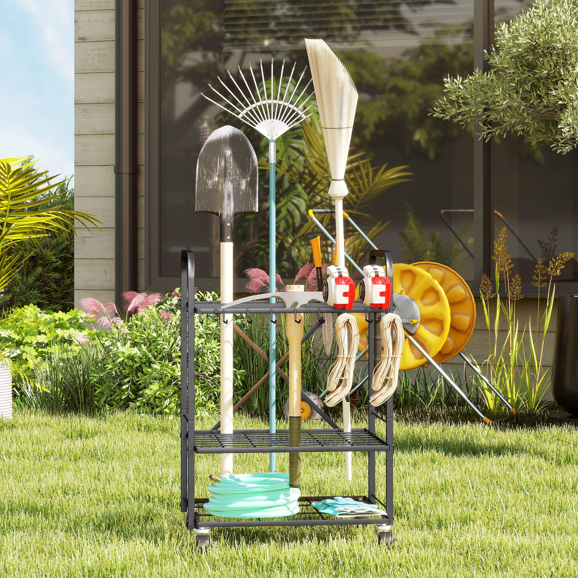 Organiseur mobile d'outils de jardin, structure métal, 40 emplacements, 4 roues