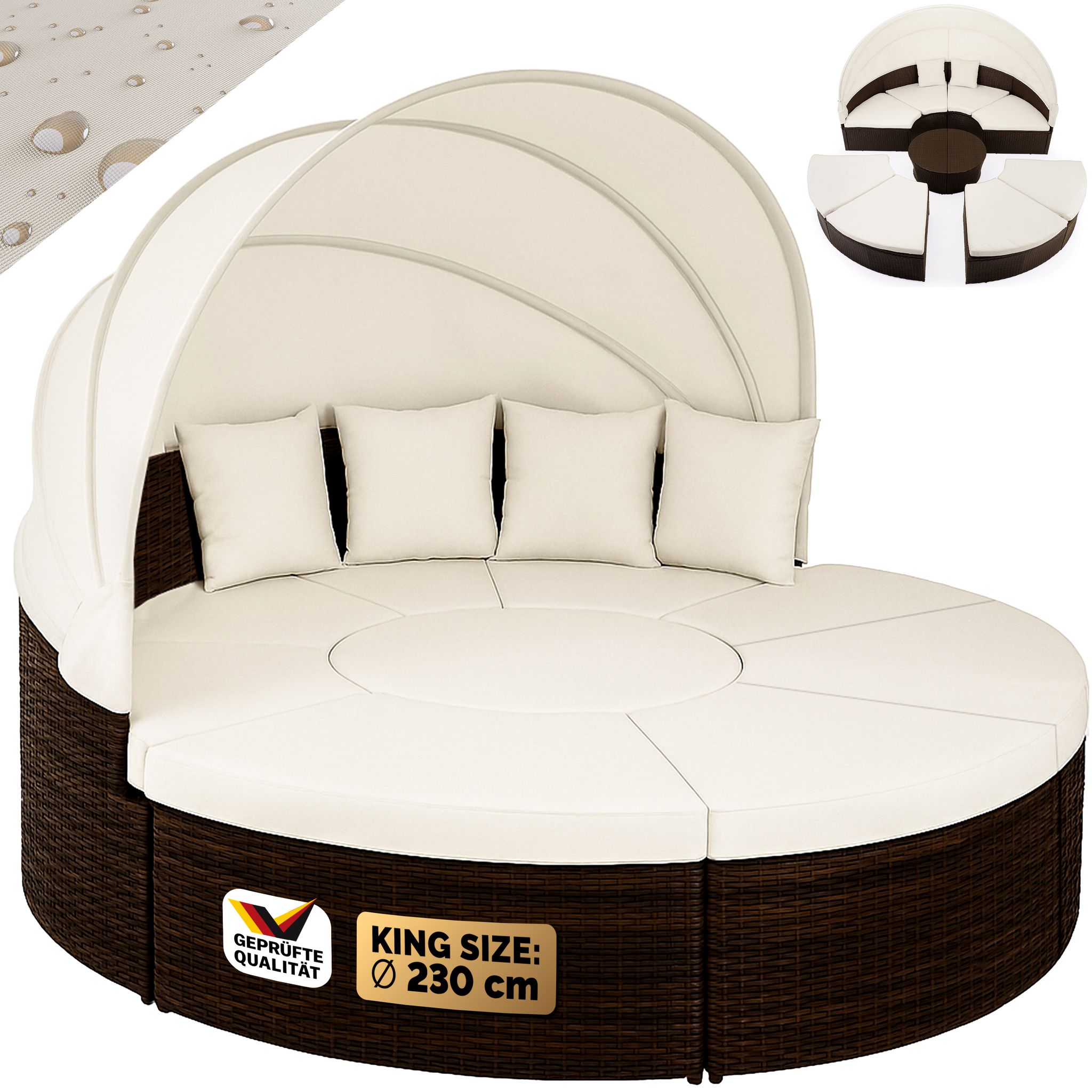 Casaria Sun Lounger Sun Island 230cm Weatherproof With Roof & 4 Cushions Relax Lounger Garden Furniture Set Cushions Garden Lounger Outdoor Polyrattan Xxl