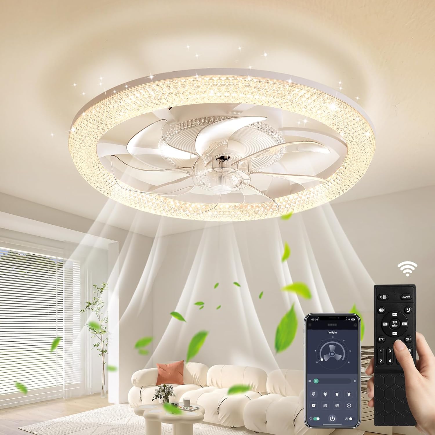 1 Plafonnier Ventilateur, 6 Vitesses Moteur Cc, 3 Températures Couleur Led, Télécommande Application, Pour Chambre Salon