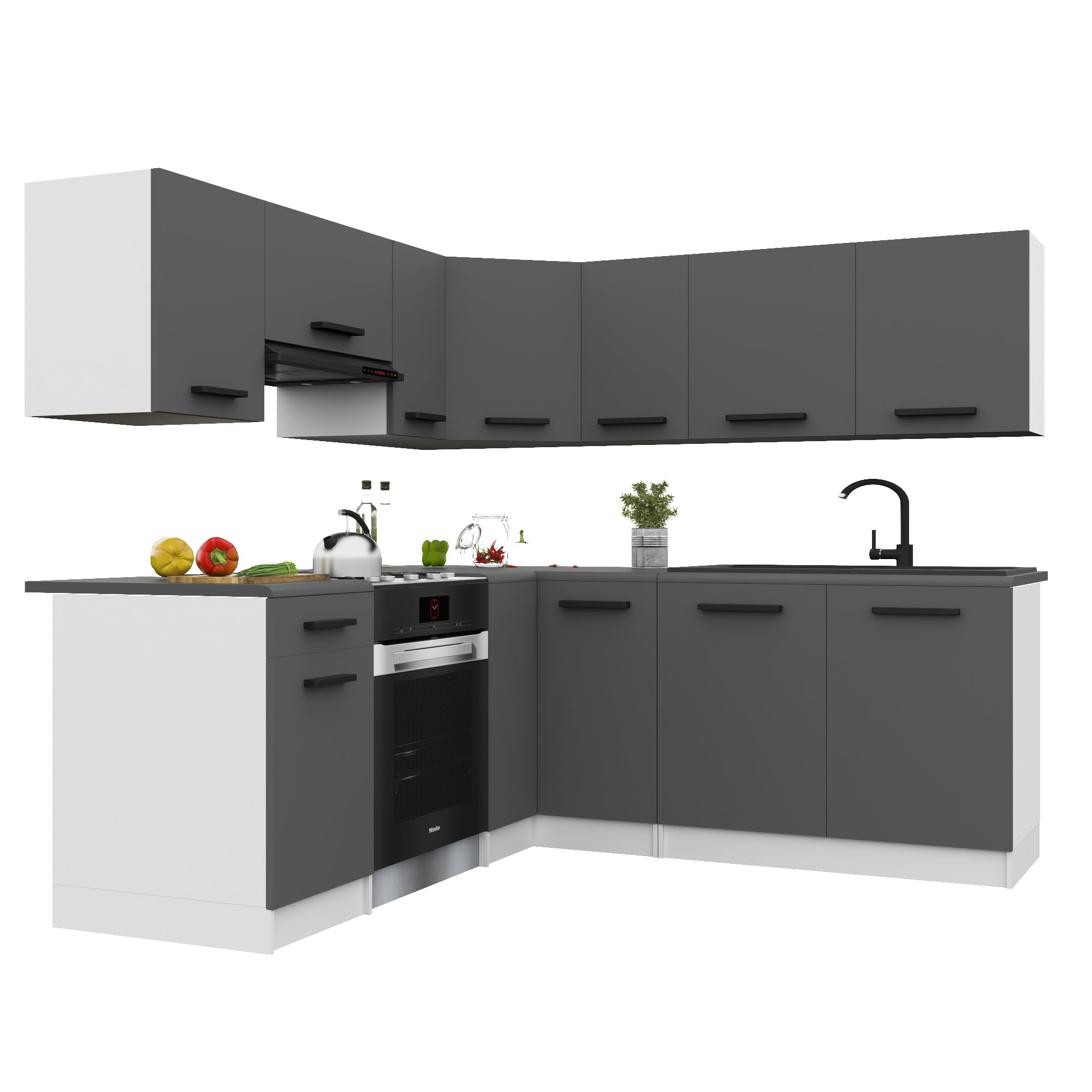 Belini Italia 6 Cuisine Equipée Modulaire Complète - 360 Cm. Meubles Hauts Bas Avec Plan De Travail, Gris Mat