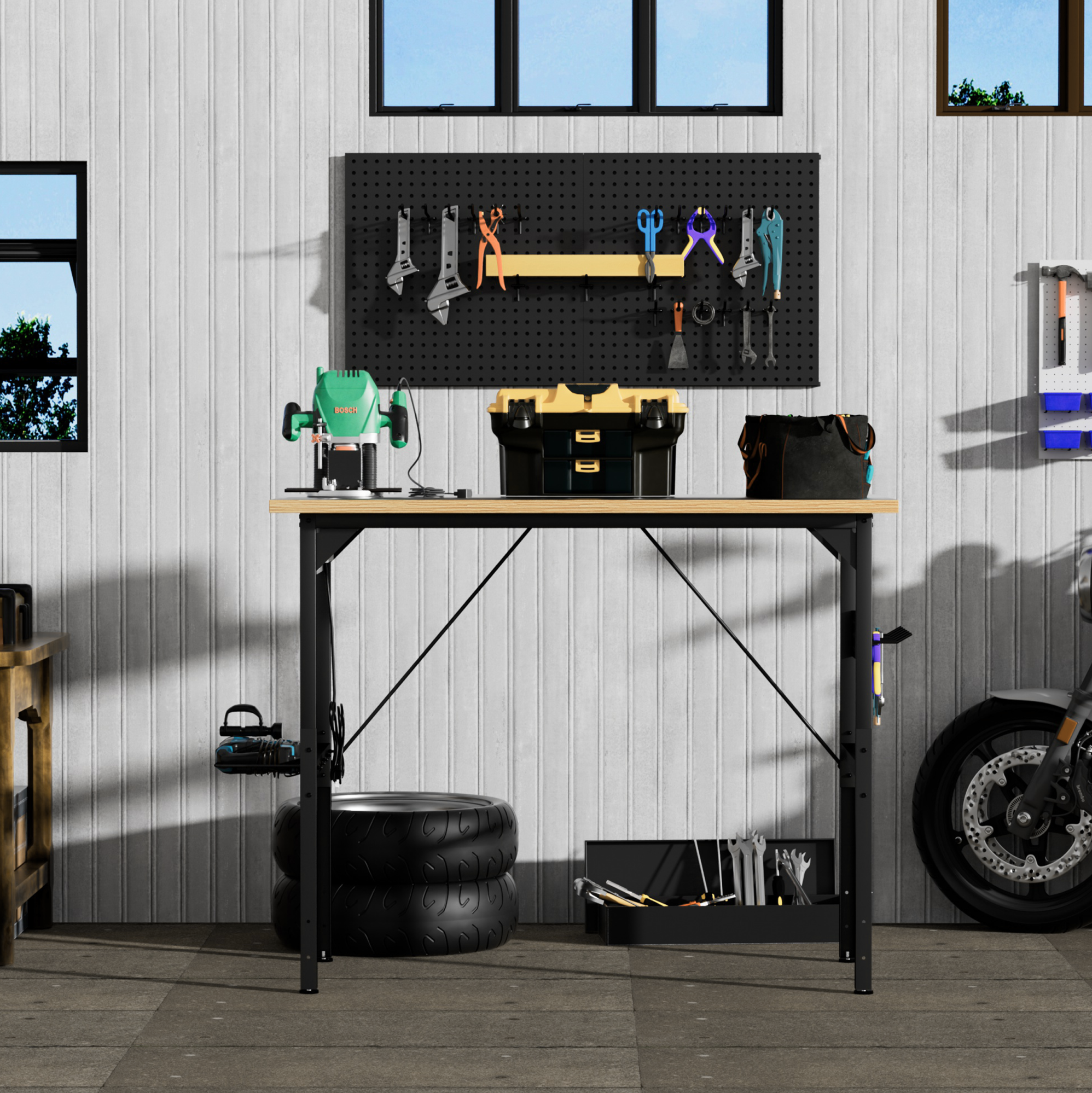 Établi table de travail hauteur réglable 125,5 à 155,5 cm, structure bois et fer, charge 700 kg, 4 roulettes, prises et USB