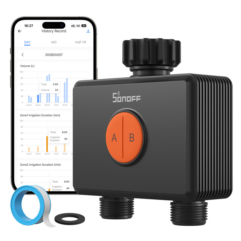 Sonoff Swv-Zf2e Hydro Duo Zigbee 2-Zonen Bewässerungscomputer, Messinganschluss, Ip65, Type-C & 4×Aa, Wetteradaptive Bewässerung Mit Durchflussmesser, Zigbee-Hub Erforderlich, Home Assistant