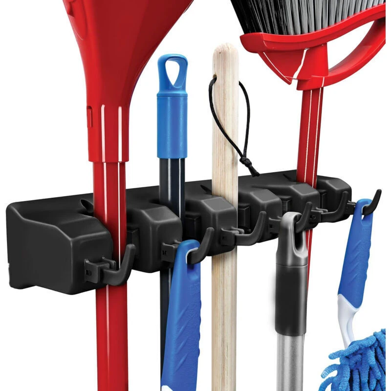 Support mural range-balais, 5 emplacements et 6 crochets, charge 17,2 kg, noir