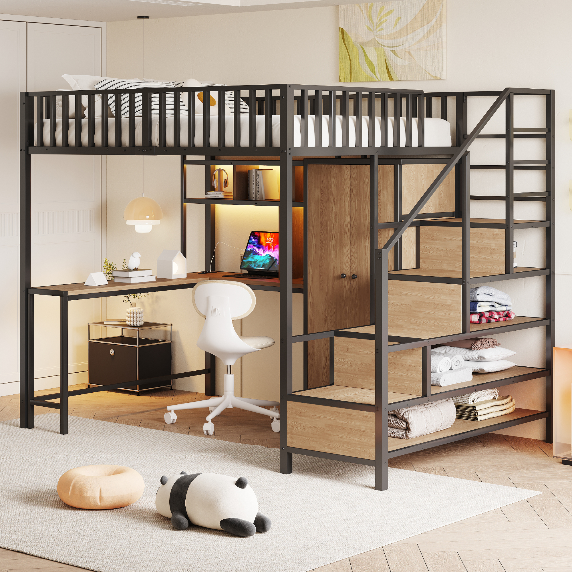 Stilvora Hochbett 140 X 200 Cm Mit Schreibtisch, Kleiderschrank, Schubladen, Led, Usb Und Typ-c, Ohne Matratze, Aus Metall, Schwarz