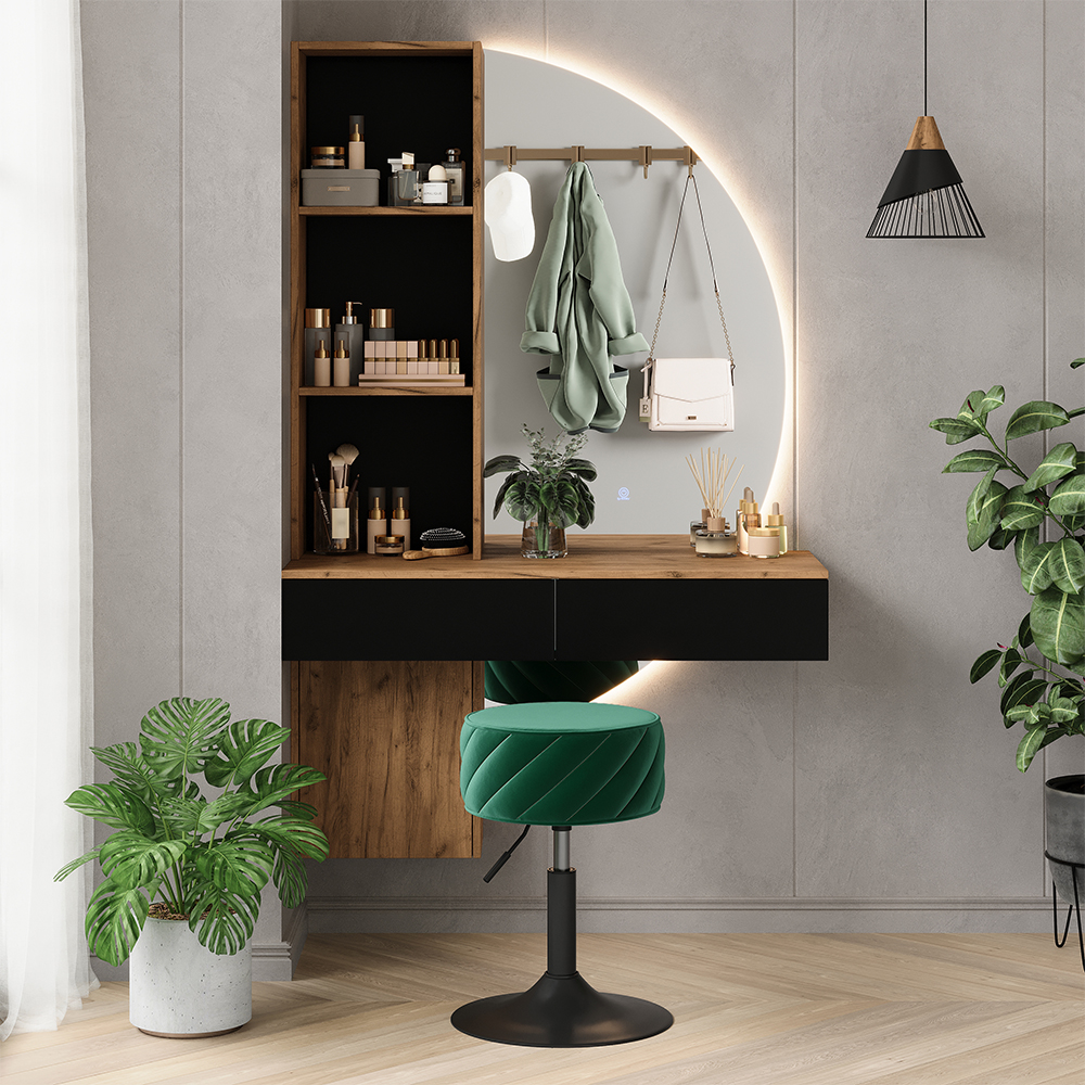 Coiffeuse Melora, Chêne/noir, 100cm Avec Miroir Led, Vicco