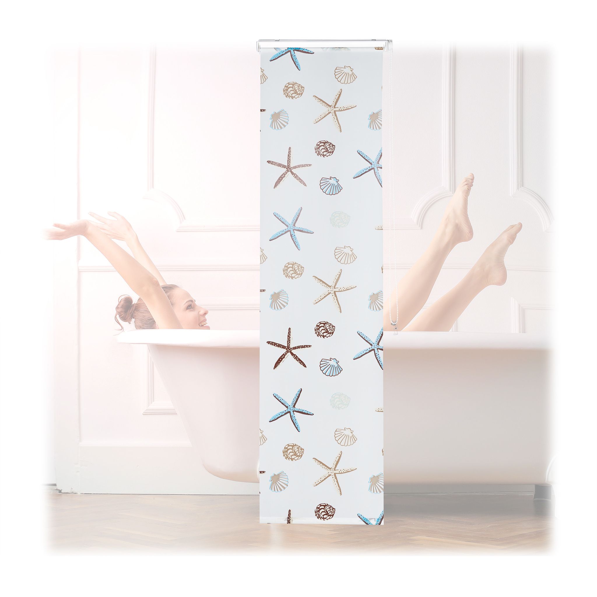 Tenda A Rullo Ocean, Impermeabile, Vasca, Doccia, Conchiglie, Montaggio A Soffitto, 60x240 Cm, Semitrasparente - Relaxdays