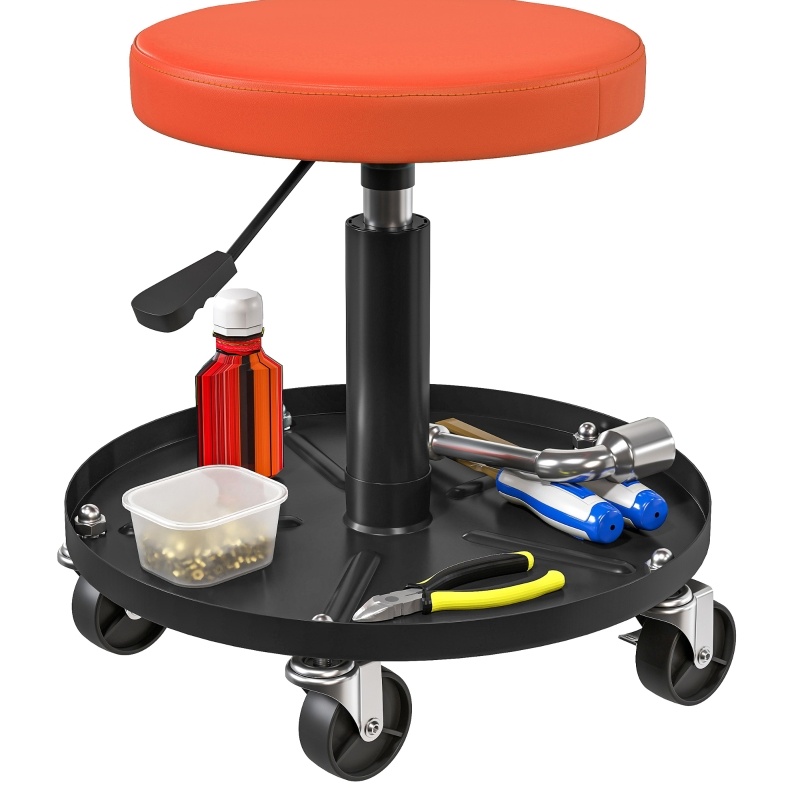 Tabouret d'atelier à roulettes réglable en hauteur, assise pivotante en cuir, structure acier, charge 135 kg, 5 roues dont 2 freins