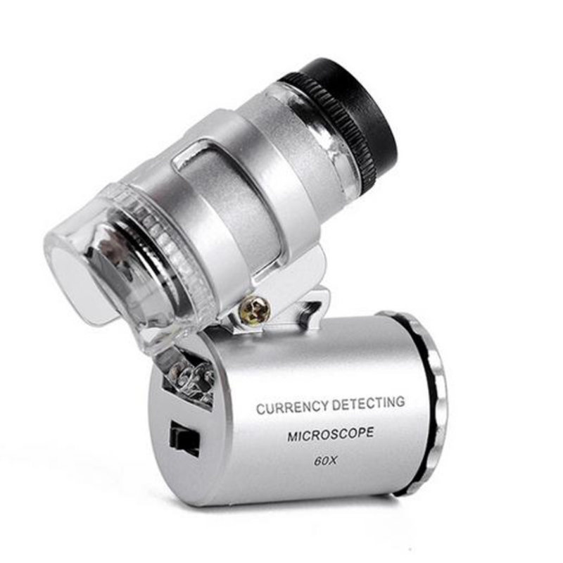 Mini microscope métallique grossissant 60x, loupe de poche à lampe LED UV, étui similicuir