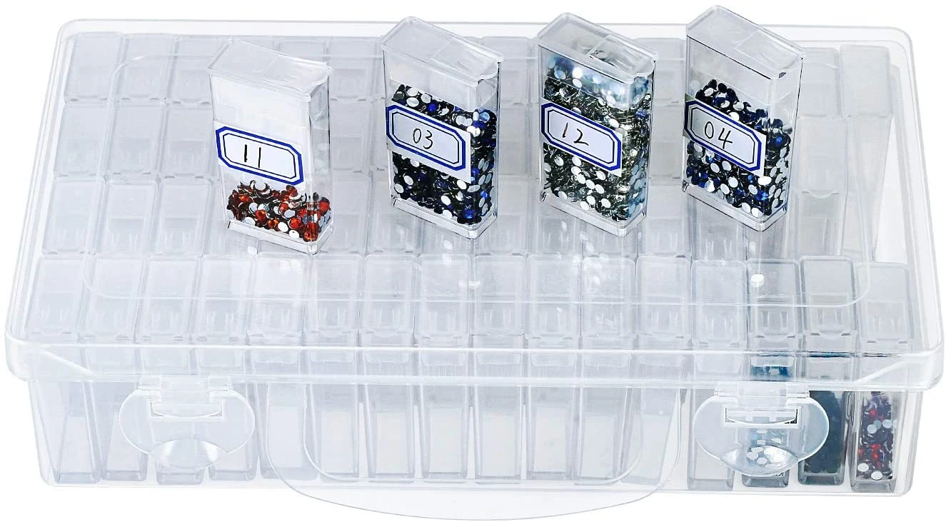 Boîte à outils peinture diamant avec 64 compartiments indépendants, organisateur en plastique transparent à séparateurs ajustables, entonnoir et étiquettes fournis