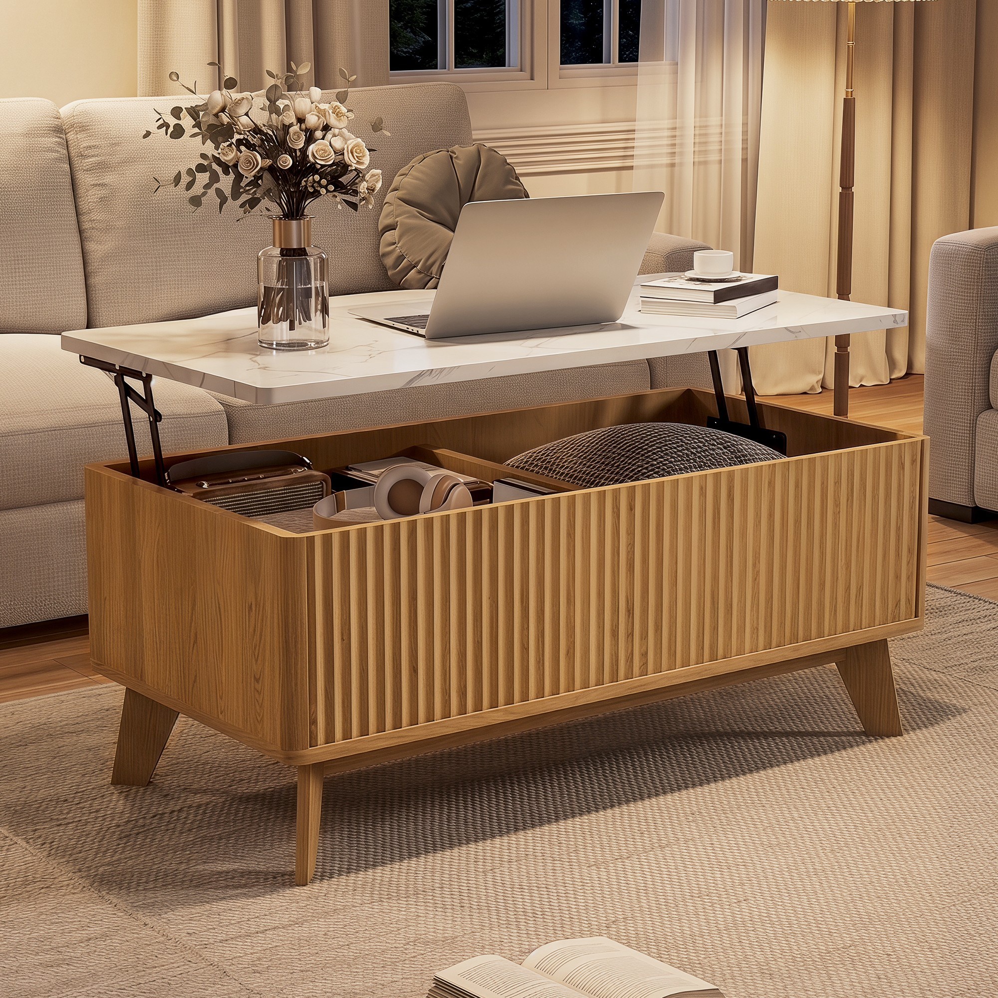 Table Basse Relevable - 105x53x42cm - Plateau Marbre Avec Rangement