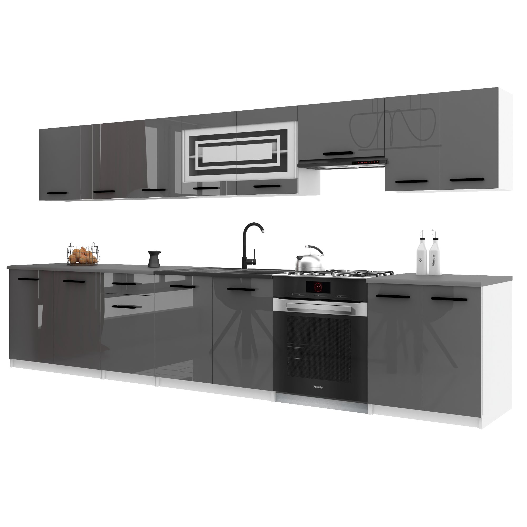 Belini Italia 3 Cuisine Equipée Modulaire Complète - 320 Cm. Meubles Hauts Bas Avec Plan De Travail, Gris Très Brillant