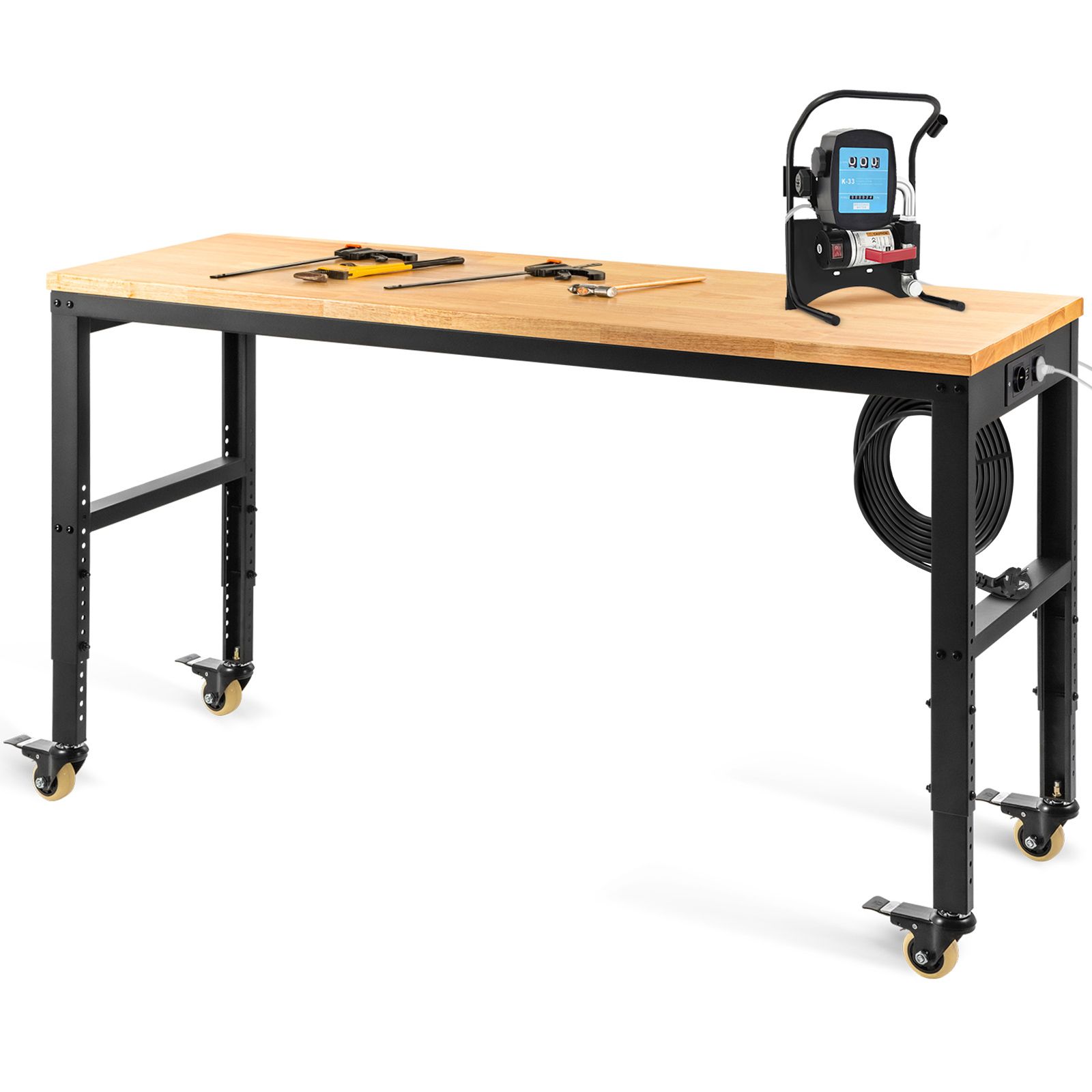 Établi d'atelier réglable en hauteur, plateau bois massif 122 x 61 cm, cadre métallique, prises électriques, 720 kg, lot de 1
