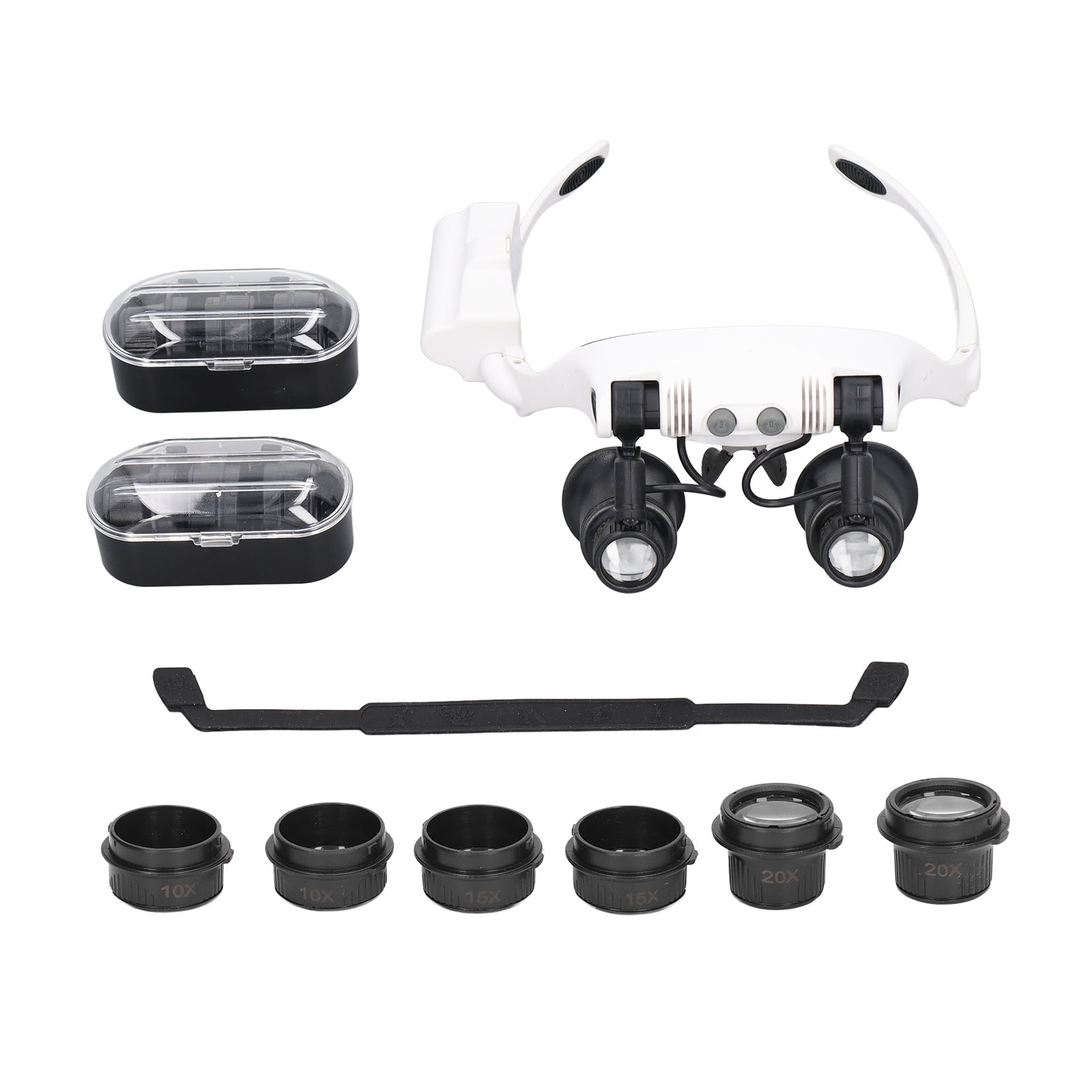 Loupe frontale binoculaire à mains libres, 4 paires de lentilles 10x 15x 20x 25x, 2 lampes LED réglables